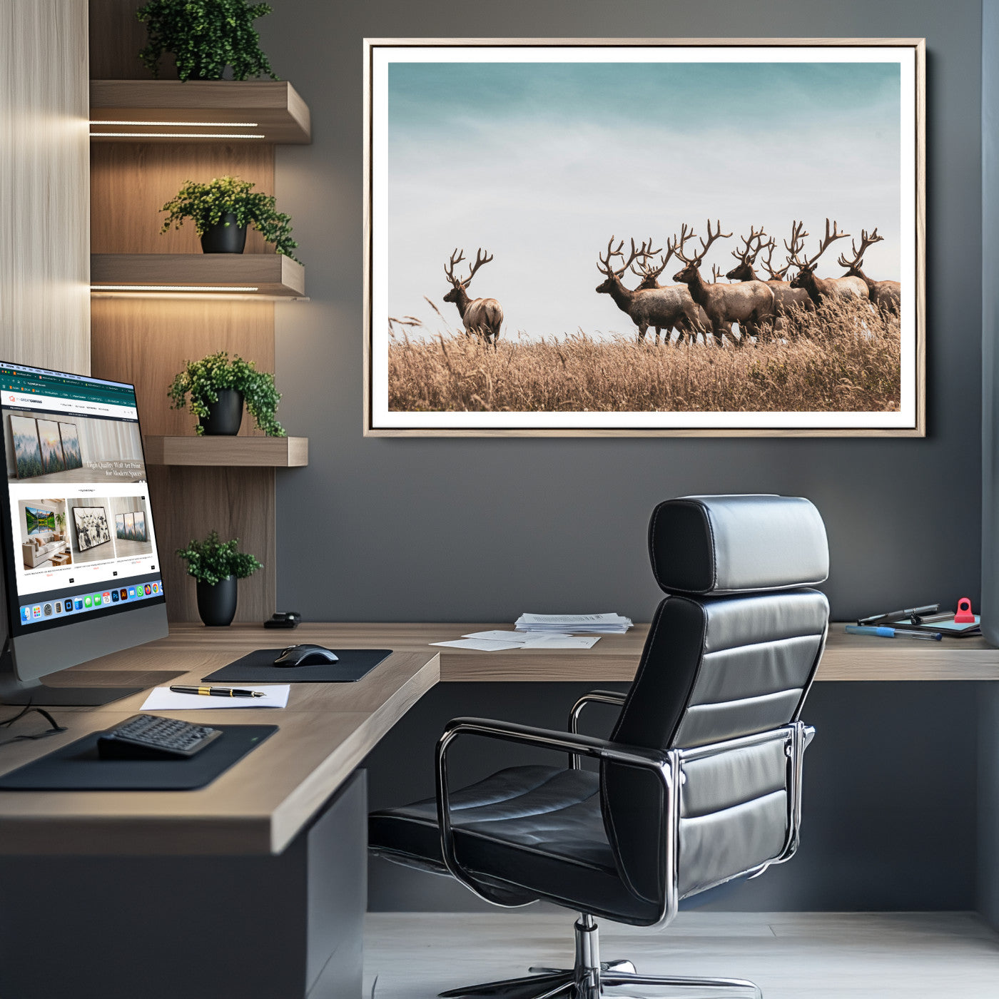 81594705-MGC-FP-36x24_Natural-Elk Herd Wall Art Canvas, Antler Canvas Print, Framed Wildlife Photography Art Picture Print, Rustic Nature Print Perfect Rustic Wildlife