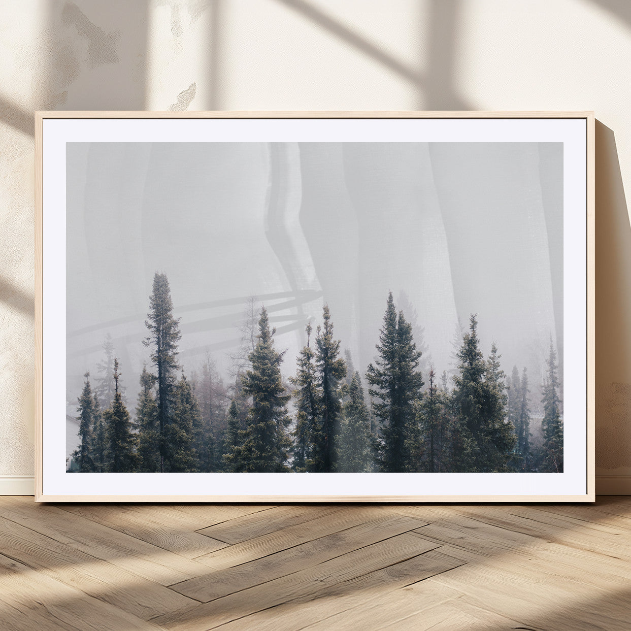 MGC-FP-36x24 - Foggy Forest Wall Art Canvas Print, Framed Misty Pines Art Picture Print, Moody Woodland Perfect Scandinavian Minimalist Decor Artwork
