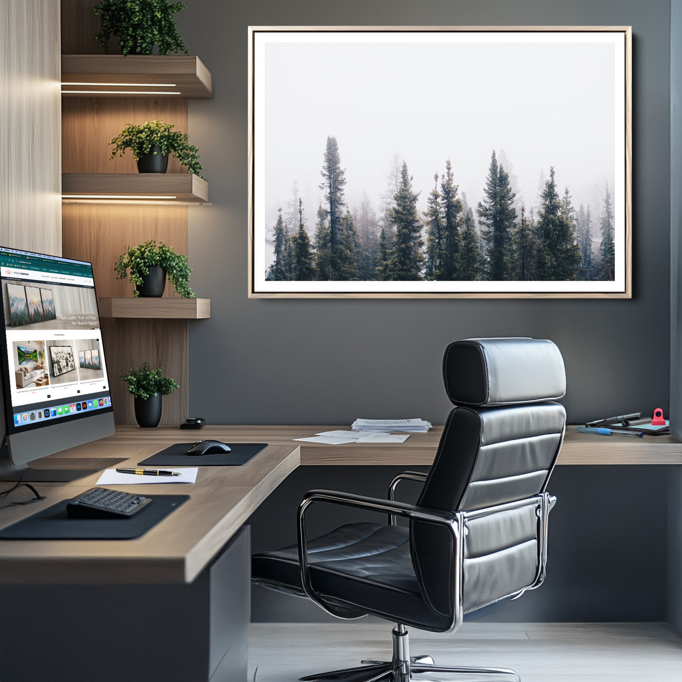 42364796-MGC-FP-36x24_Natural-Foggy Forest Wall Art Canvas Print, Framed Misty Pines Art Picture Print, Moody Woodland Perfect Scandinavian Minimalist Decor Artwork