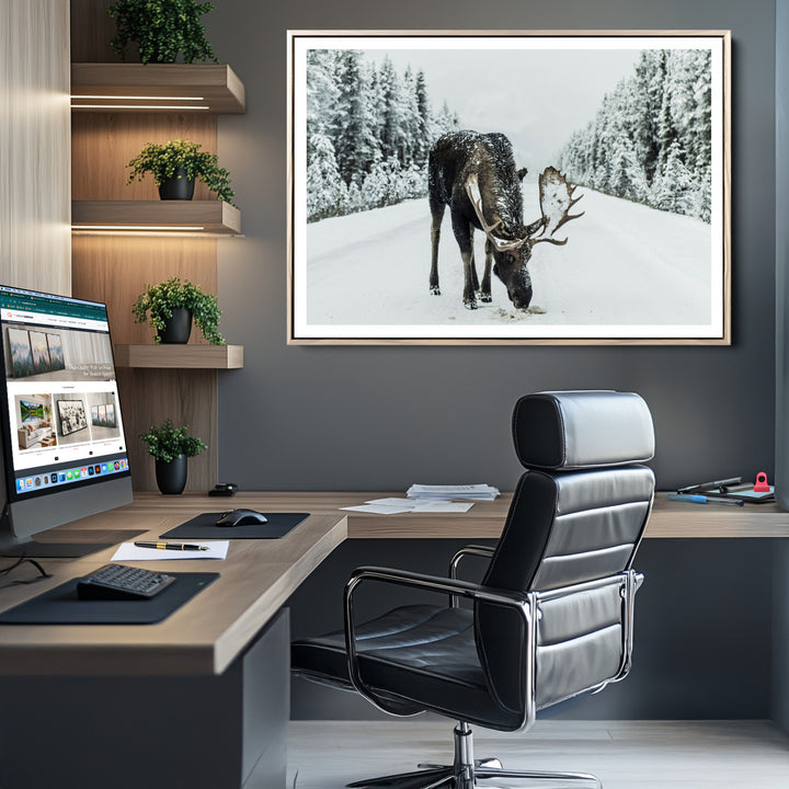 Moose in Snow Wall Art Canvas Print, Framed Winter Wildlife Art Picture Print, Snowy Forest Scene Perfect Rustic Lodge Decor Artwork