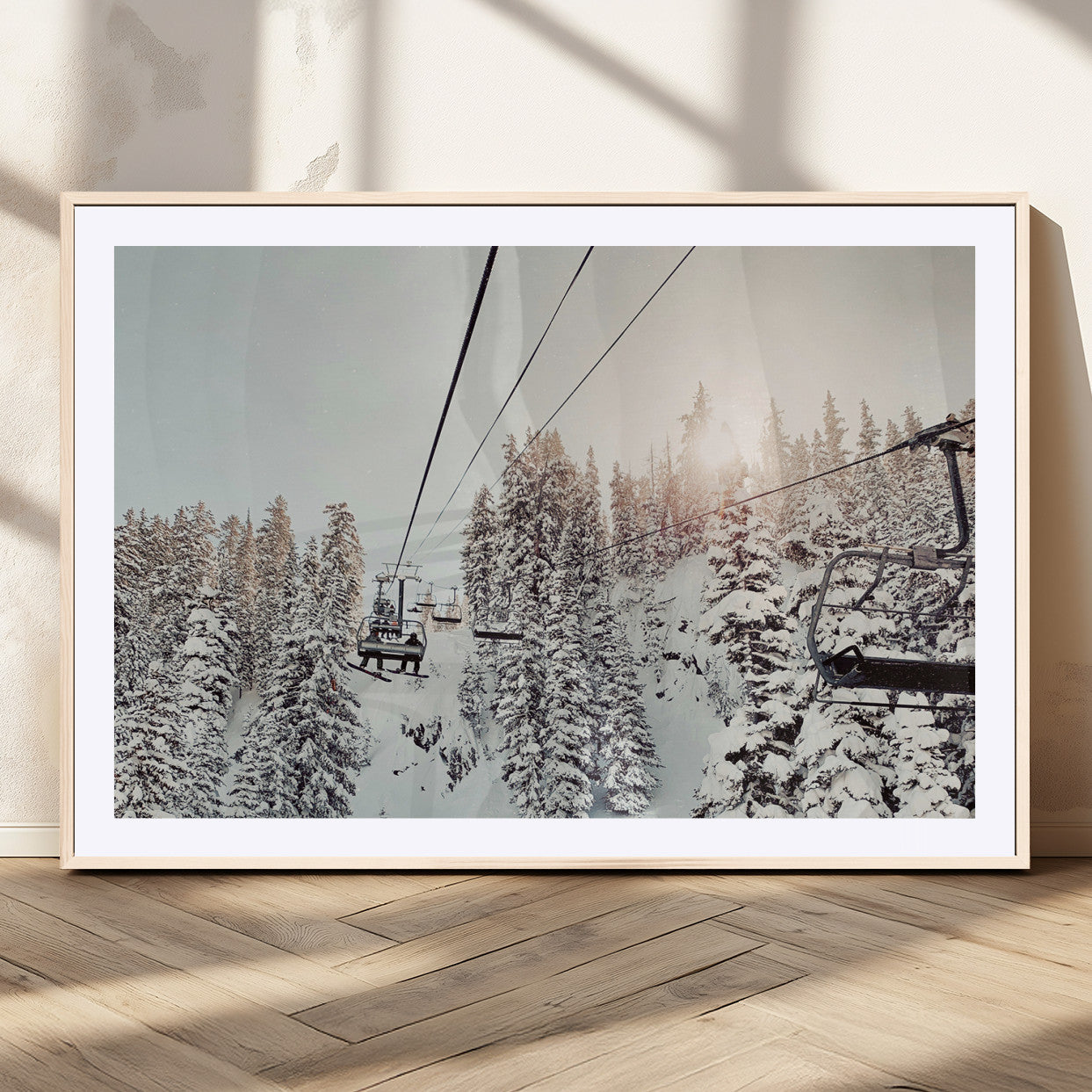 MGC-FP-36x24 - Frosty Pines Wall Art Canvas Print, Framed Cozy Cabin View Art Picture Print, Ski Lift Ride Perfect Rustic Lodge Decor Artwork