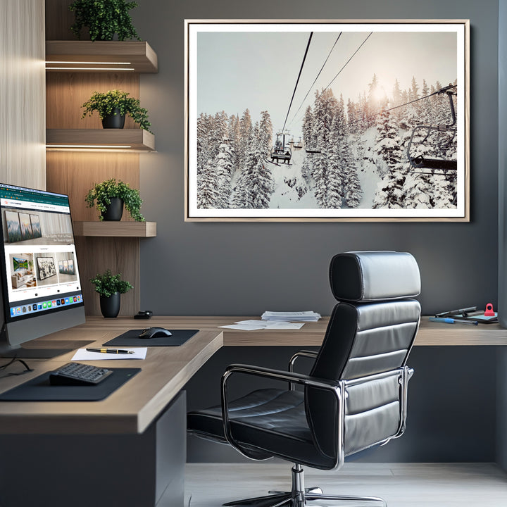 91534512-MGC-FP-36x24_Natural-Frosty Pines Wall Art Canvas Print, Framed Cozy Cabin View Art Picture Print, Ski Lift Ride Perfect Rustic Lodge Decor Artwork