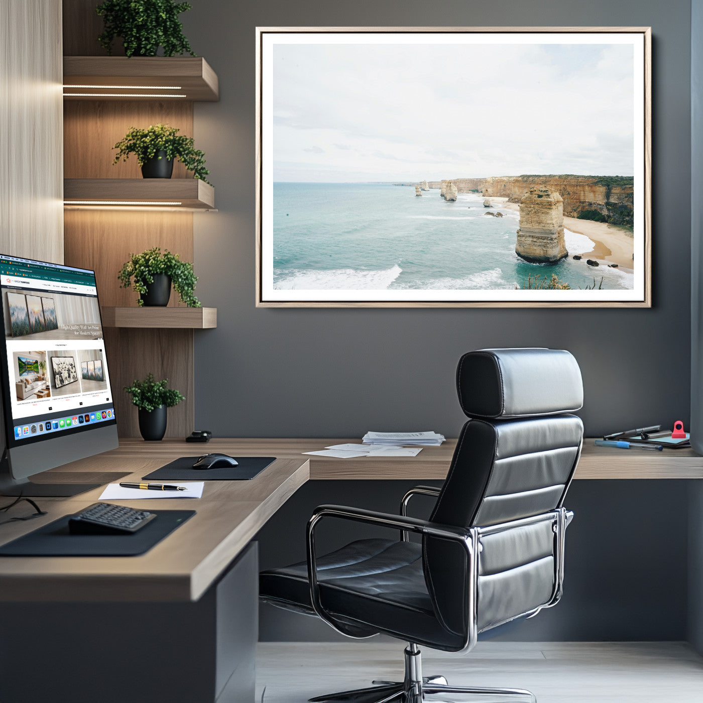 70095633-MGC-FP-36x24_Natural-Twelve Apostles Wall Art Canvas Print, Framed Coastal Cliffs Art Picture Print, Rugged Rock Formations Perfect Minimalist Coastal Decor