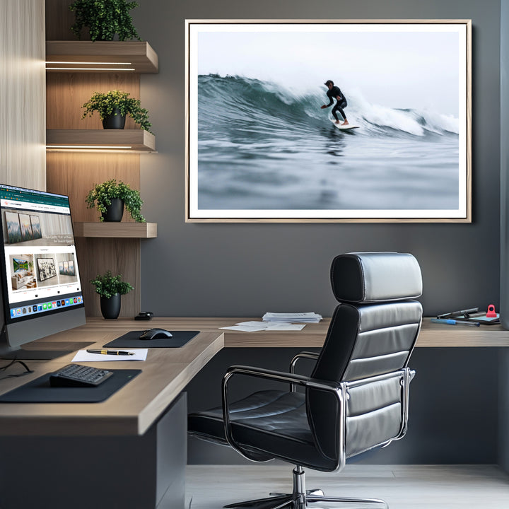 Surfer on Wave Wall Art Canvas Print, Ocean Adventure Print, Framed Motion Blur Water Art Print, Large Deep Blue Surf Printing Perfect for Coastal Adventure Decor