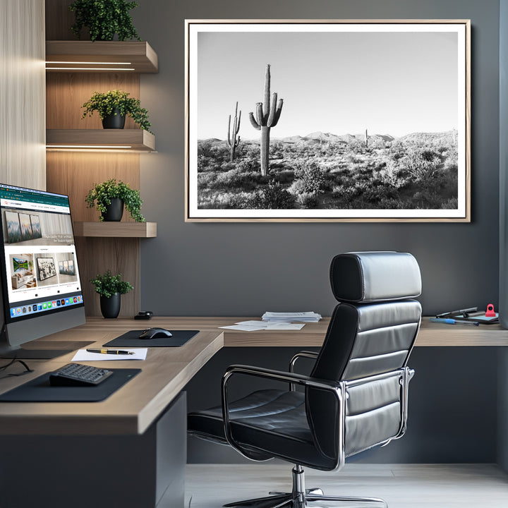Saguaro Cactus Wall Art Canvas Print, Monochrome Landscape Print, Framed Scenic Arizona View Art Print, Large Timeless Western Aesthetic Printing Perfect for Minimalist Western Decor