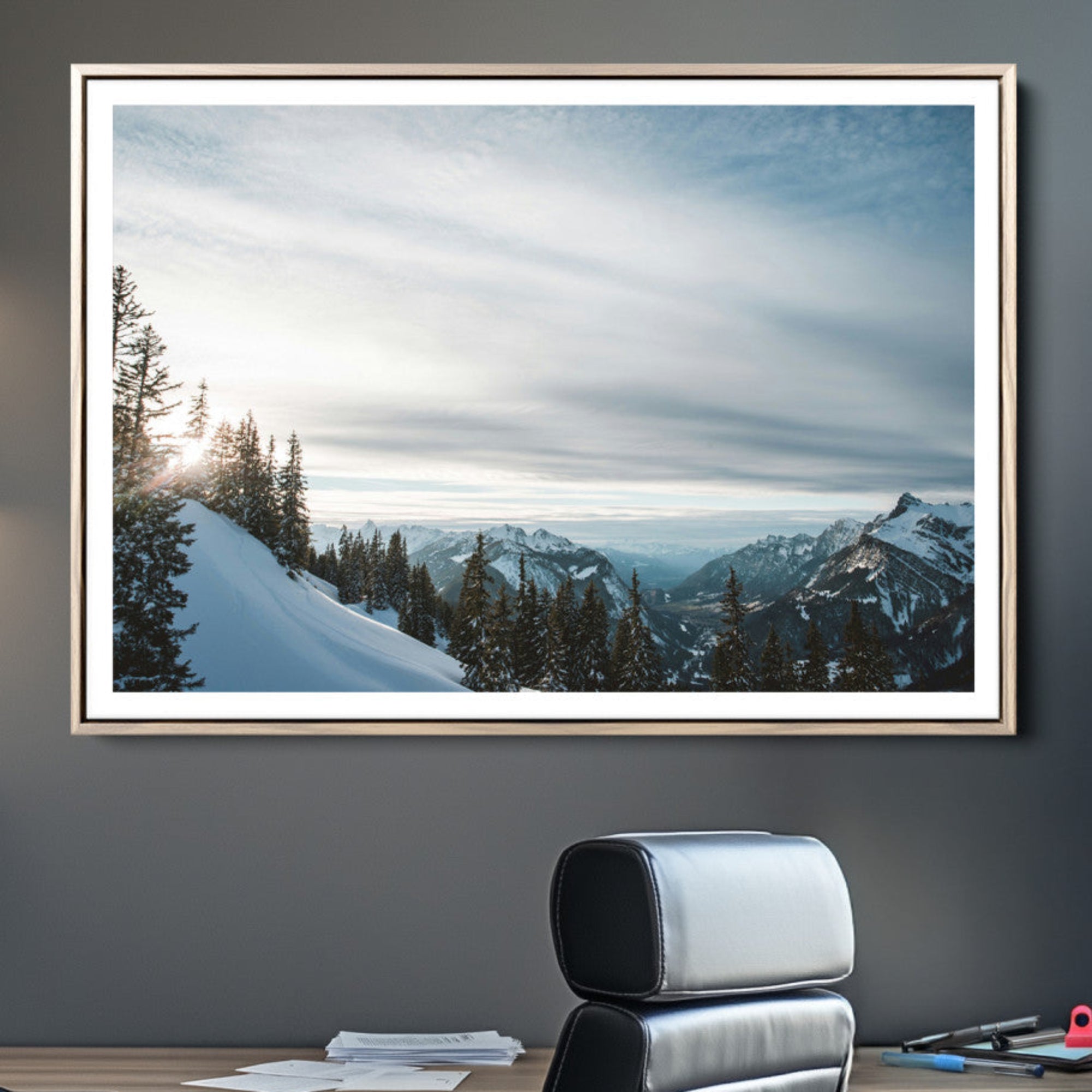 55564749-MGC-FP-36x24-Snowy Mountain Wall Art Canvas Print – Frosty Peaks Alpine Landscape Winter Sky Nature Photography Artwork for Home Office