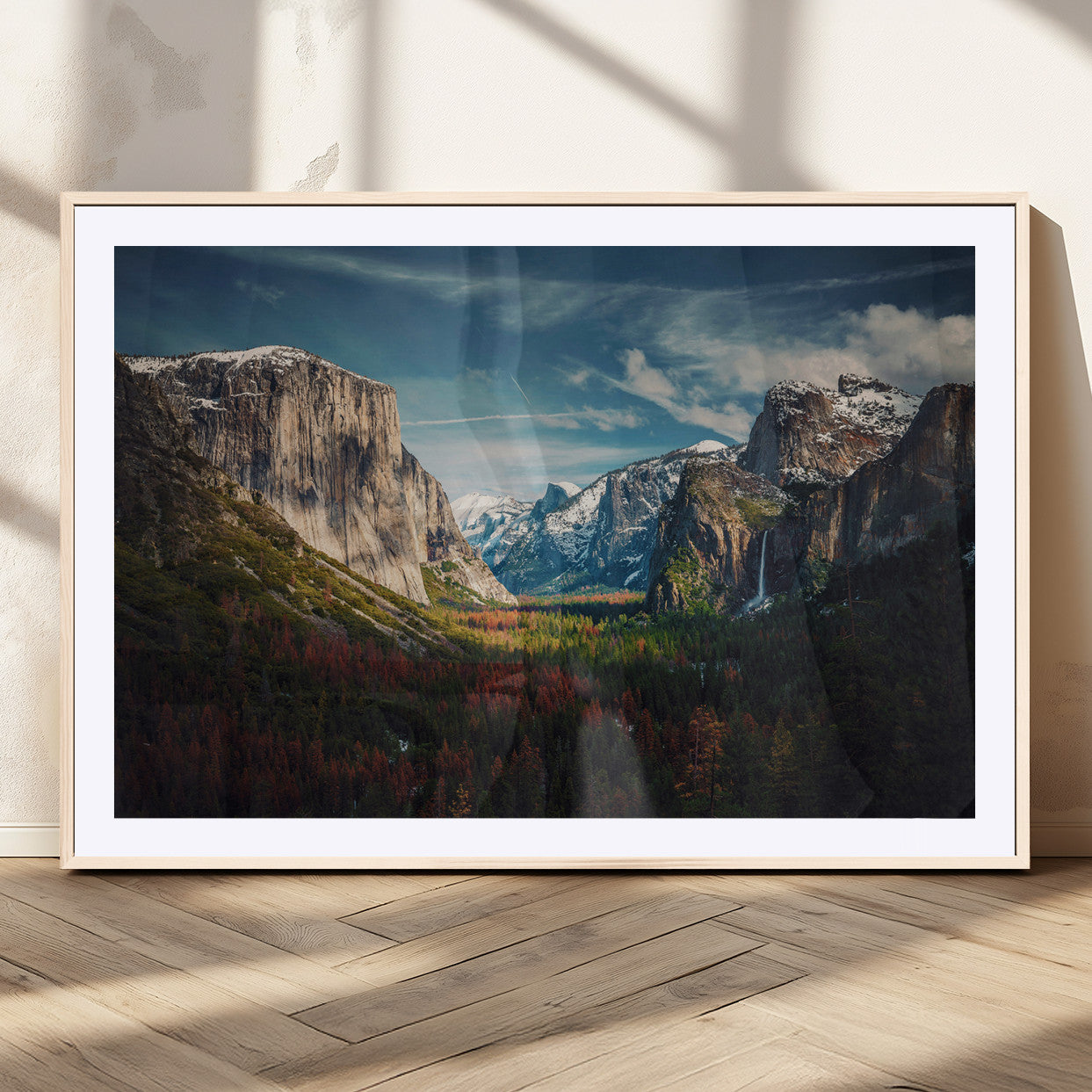 Framed canvas print of Yosemite National Park, featuring El Capitan and a scenic waterfall, ideal for rustic farmhouse or adventure-themed home decor.