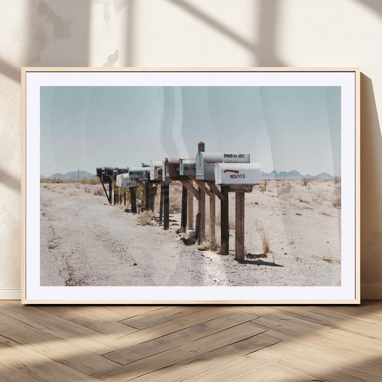 MGC-FP-36x24 - Desert Mailboxes Canvas Print – Minimal Western Landscape Photography, Rustic Americana Wall Art for