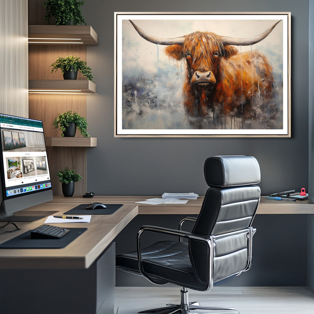 Scottish Highland Wall Art Canvas Print, Framed Longhorn Art Picture Print, Western Cow Perfect Farmhouse Decor Artwork