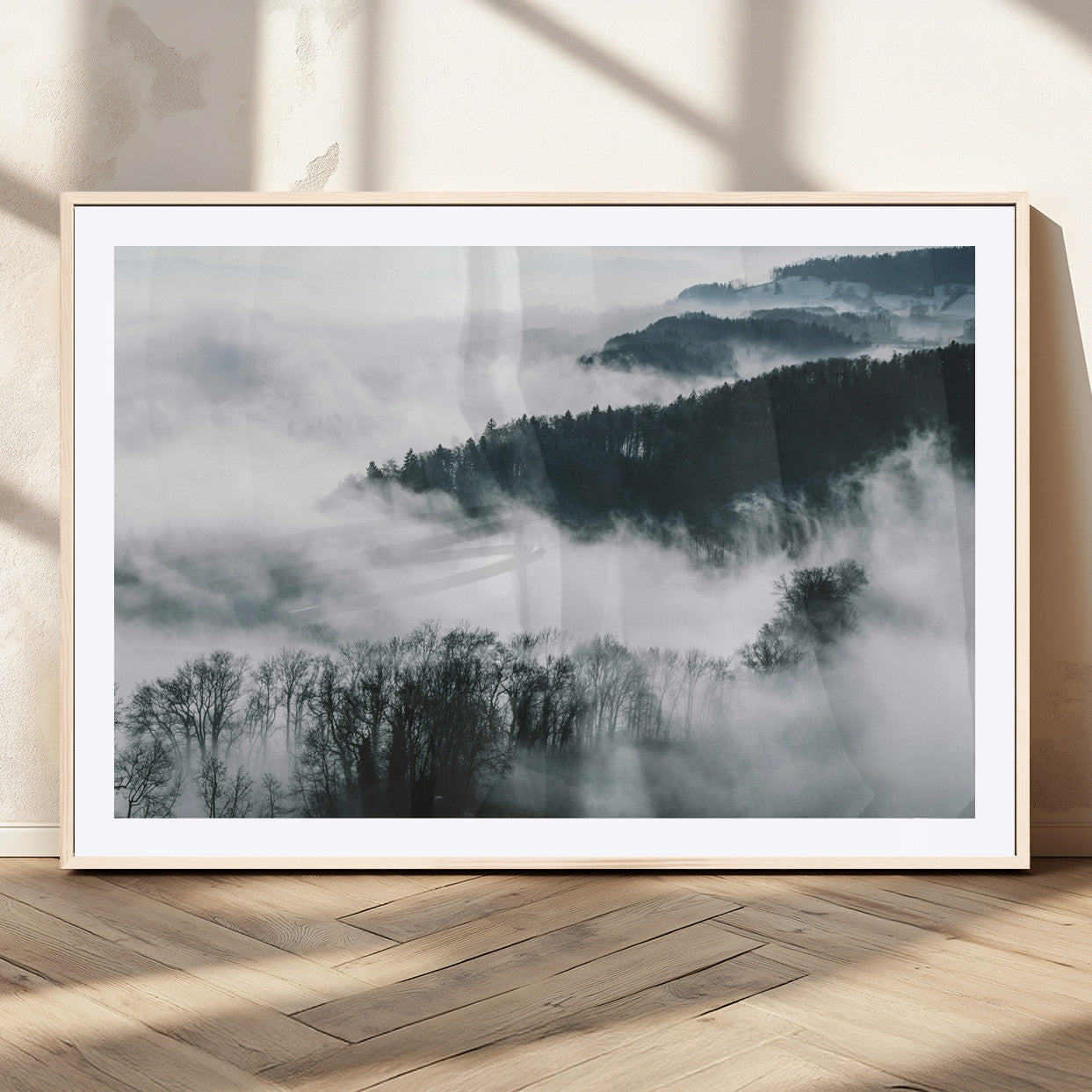 MGC-FP-36x24 - Foggy Forest Landscape Wall Art Canvas Print – Misty Mountain Valley Scene in Monochrome Tones,
