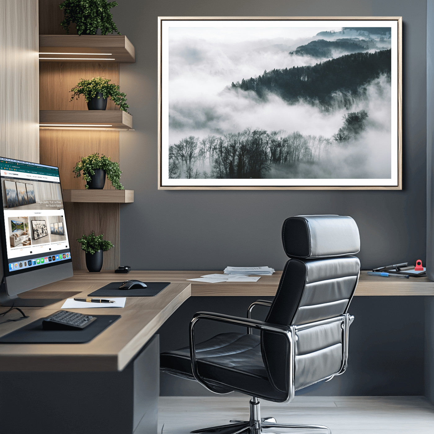 67569654-MGC-FP-36x24_Natural-Foggy Forest Landscape Wall Art Canvas Print – Misty Mountain Valley Scene in Monochrome Tones, Perfect for Minimalist or Nordic Home Decor