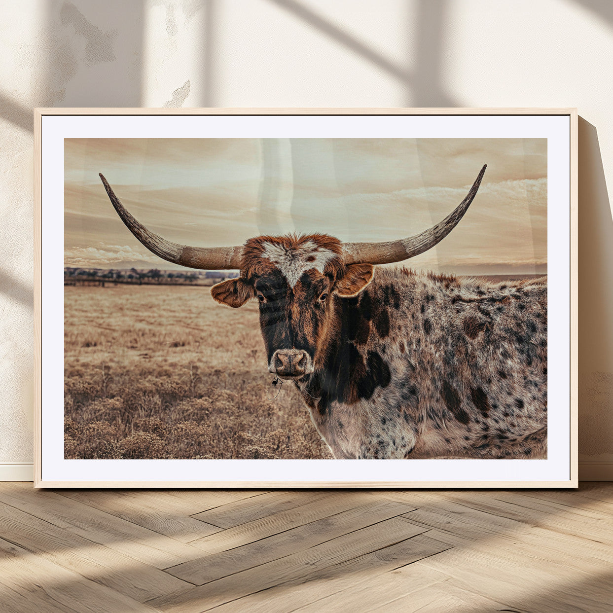Close-up of a longhorn cow with distinctive curved horns standing in a dry grass field under a cloudy sky.