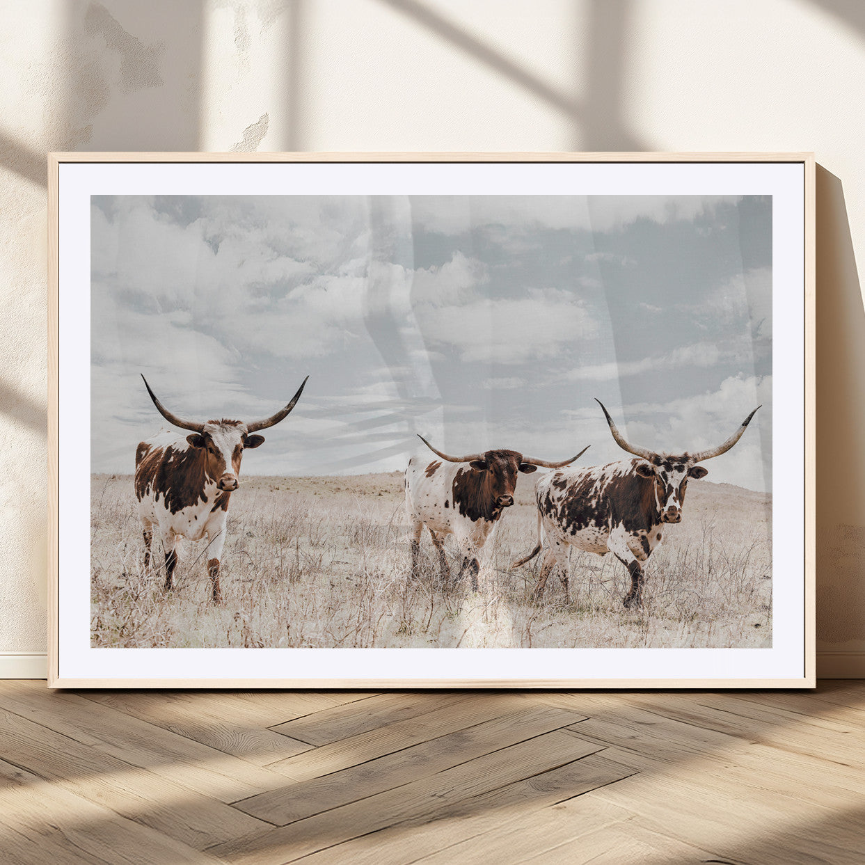 Three Texas Longhorn cattle walking through a dry grassy field under a partly cloudy sky.