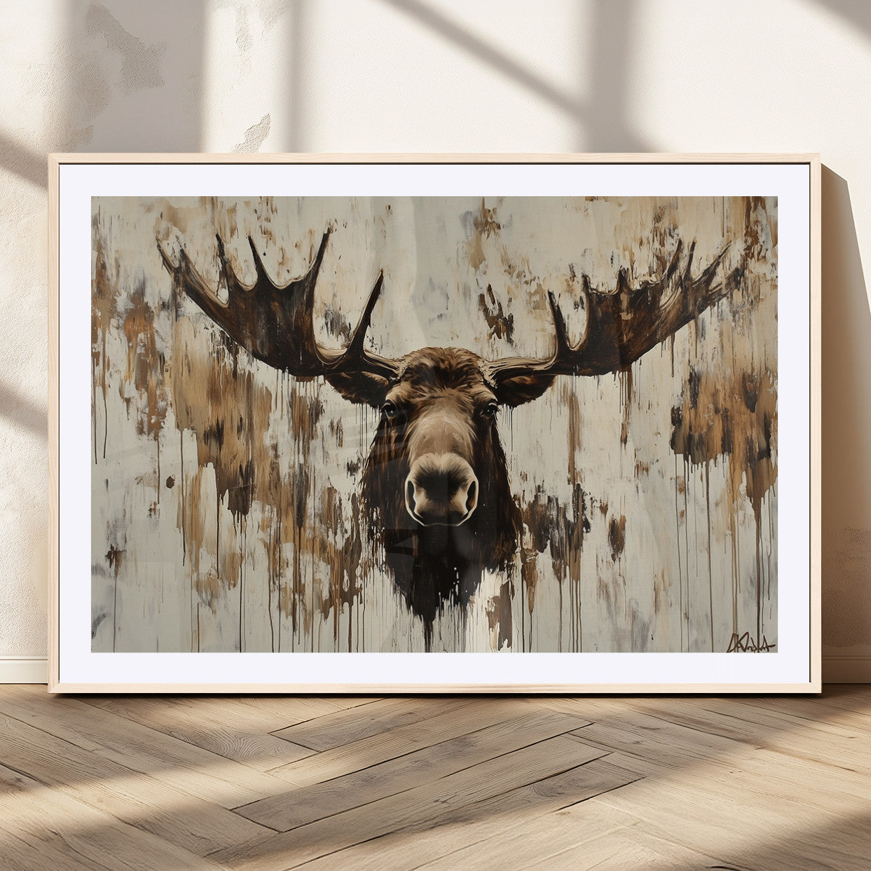 34496536-MGV-CV-36X24 - Powerful Moose Portrait Wall Art – Rich Earthy Tones, Expressive Brushstrokes, Striking Gaze, Raw Nature Vibes Decor for Home or Office
