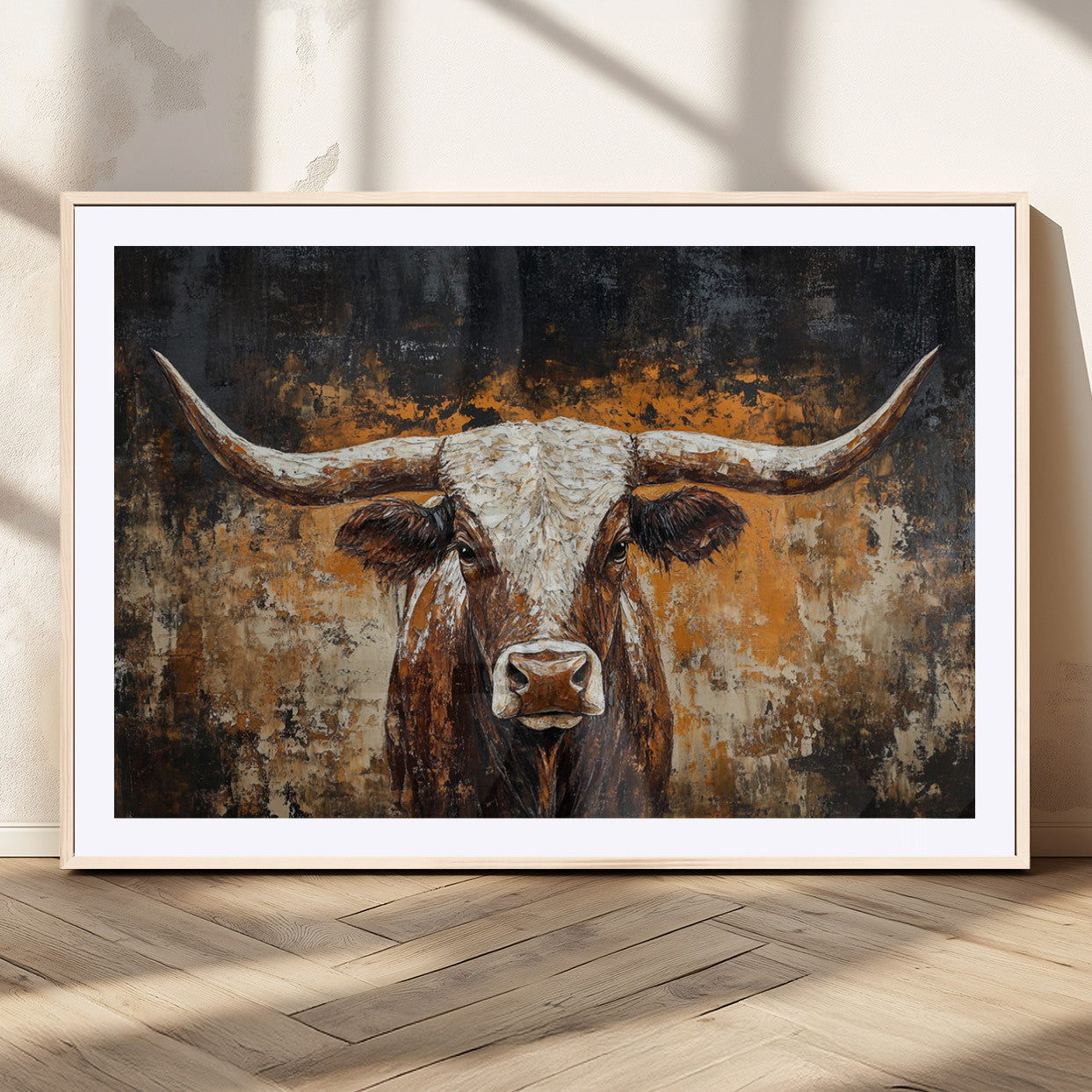 MGC-FP-36x24 - Rustic Longhorn Bull Wall Art Canvas Print – Vintage Western Cattle Painting, Texas Steer Artwork