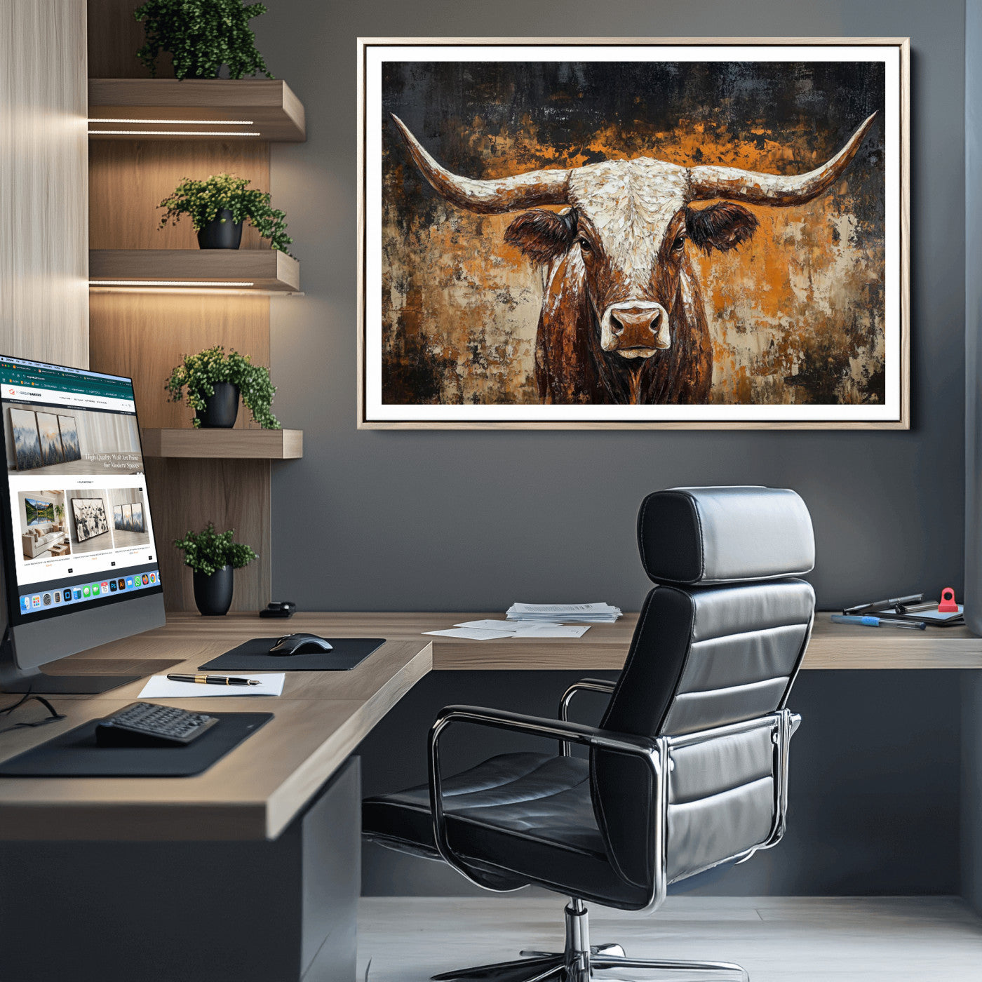 25265572-MGC-FP-40x30_Natural-Rustic Longhorn Bull Wall Art Canvas Print – Vintage Western Cattle Painting, Texas Steer Artwork for Ranch, Farmhouse or Cowboy Decor