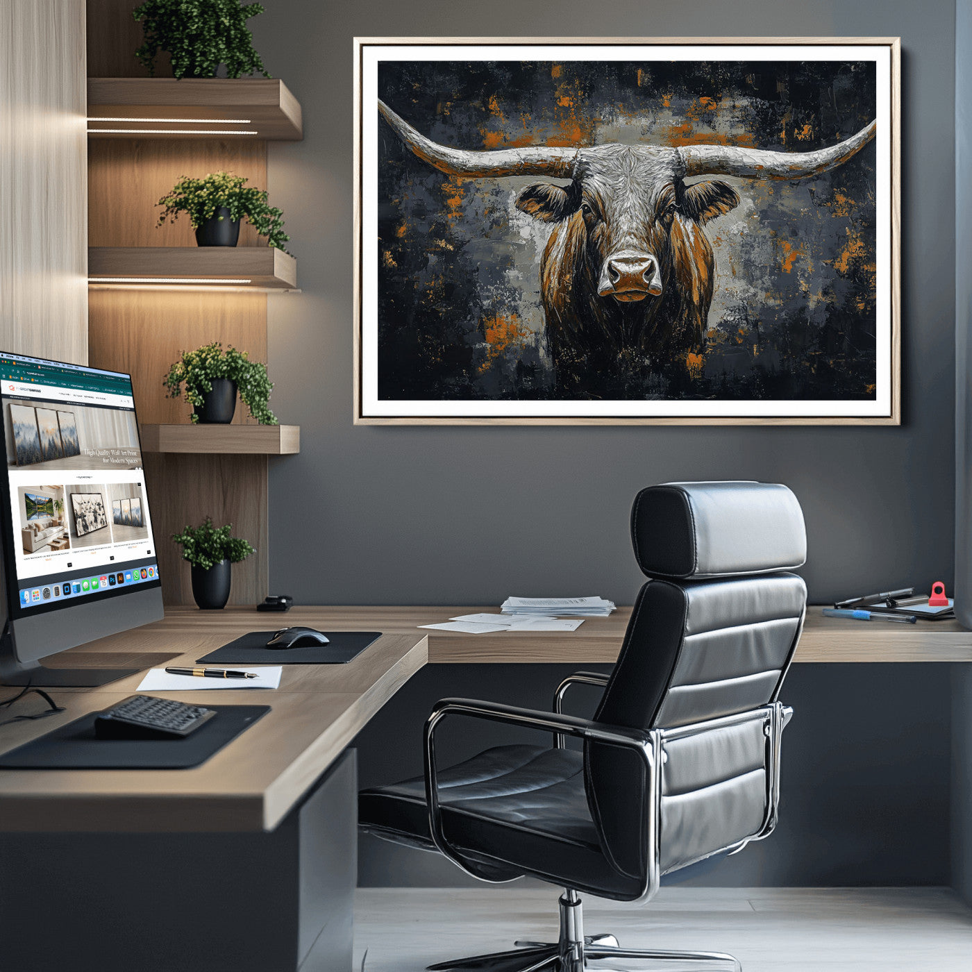93195031-MGC-FP-36x24_Natural-Rustic Longhorn Bull Wall Art Canvas Print – Vintage Western Cattle Painting, Texas Steer Artwork for Ranch, Farmhouse or Cowboy Decor