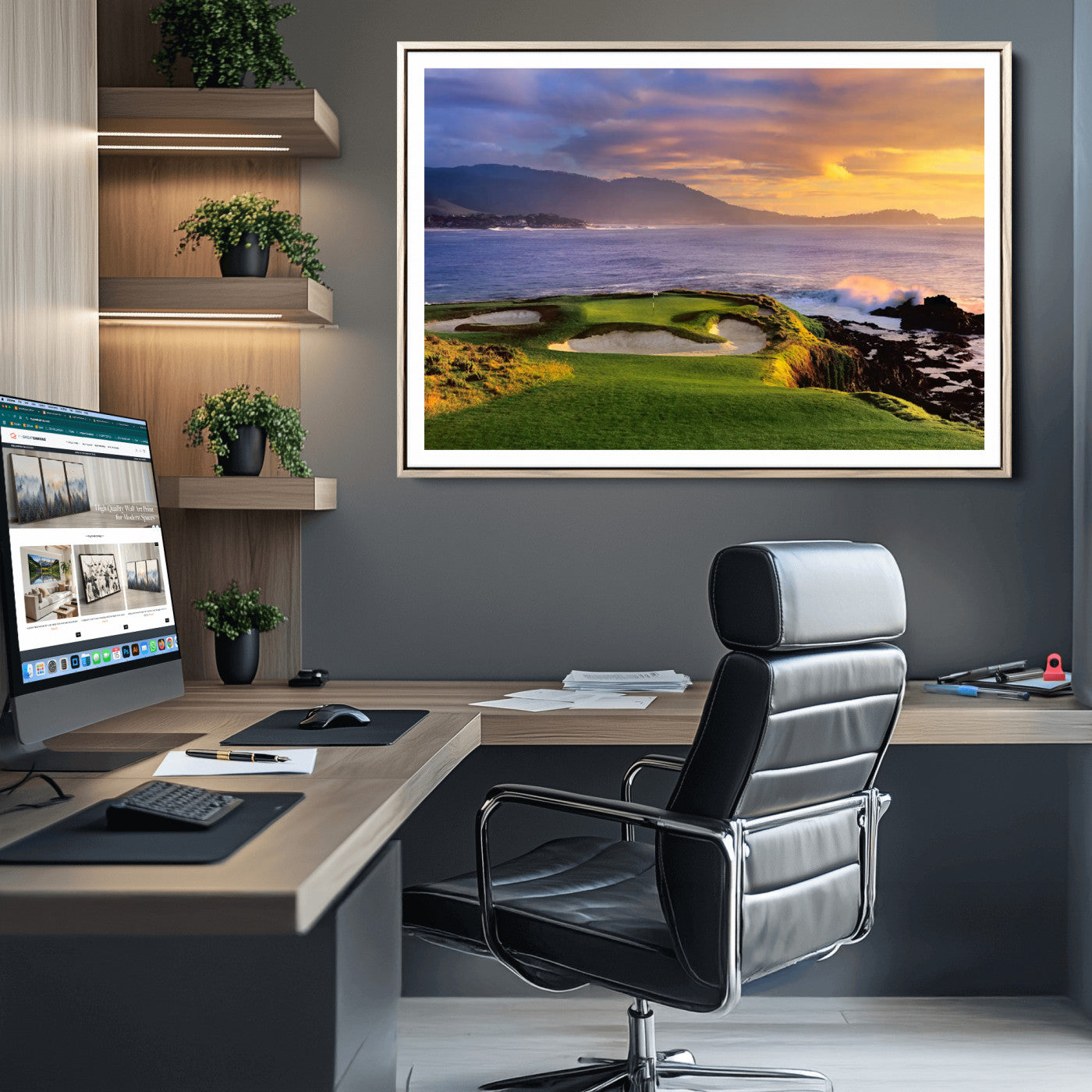 73699248-MGC-FP-36x24_Natural-Pebble Beach Golf Links Wall Art Canvas Print – Iconic Coastal Golf Course Artwork, Perfect for Office, Man Cave, or Golf Lover’s Decor