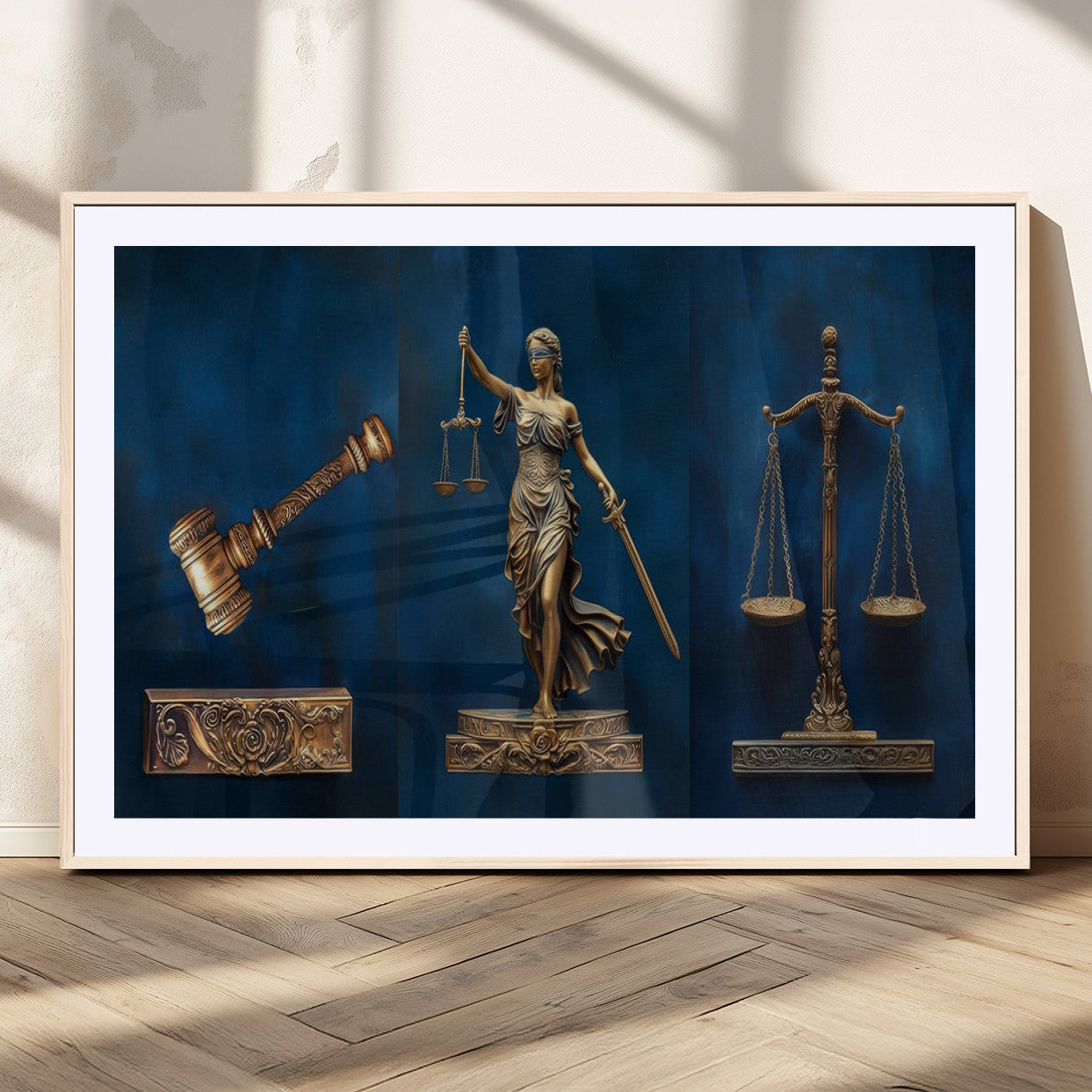 MGC-FP-36x24 - Lady Justice Wall Art Canvas Print – Elegant Gold Legal Symbols on Blue Background, Perfect for Law