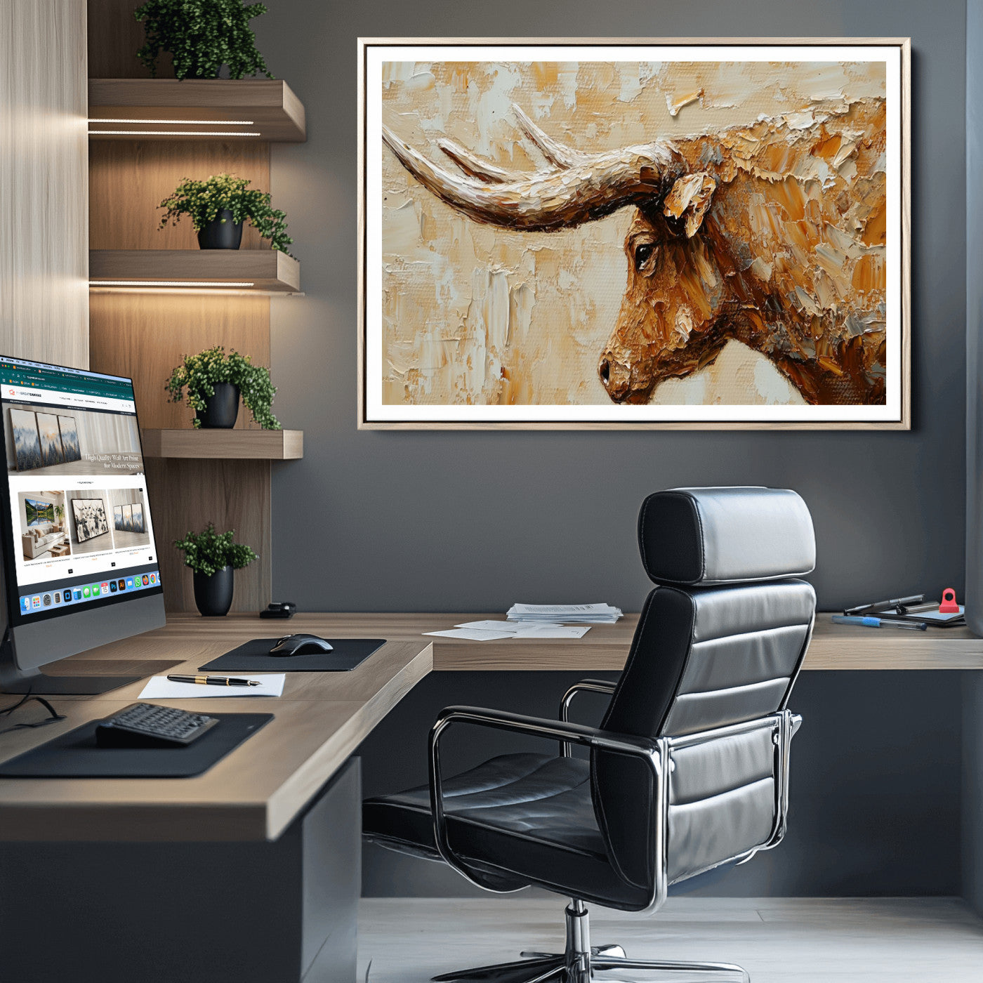 Rustic Longhorn Bull Wall Art Canvas Print – Vintage Western Cattle Painting, Texas Steer Artwork for Ranch, Farmhouse or Cowboy Decor