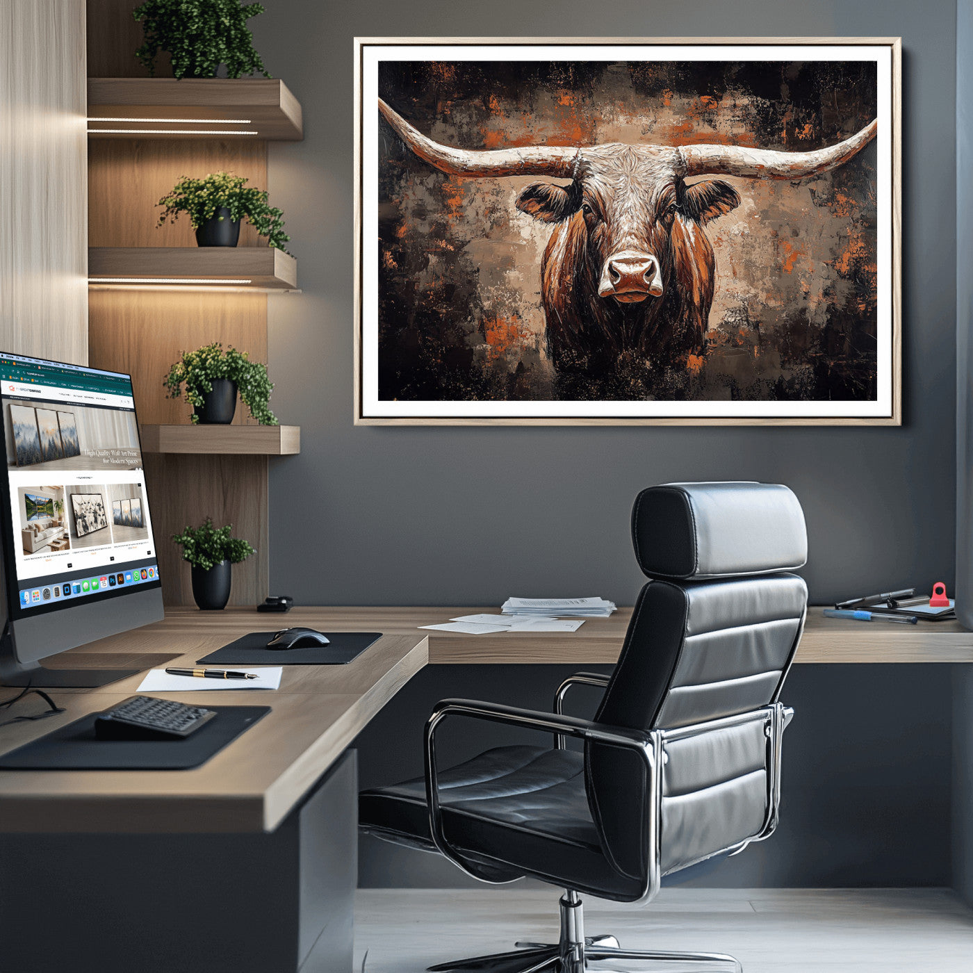 Rustic Longhorn Bull Wall Art Canvas Print – Vintage Western Cattle Painting, Texas Steer Artwork for Ranch, Farmhouse or Cowboy Decor