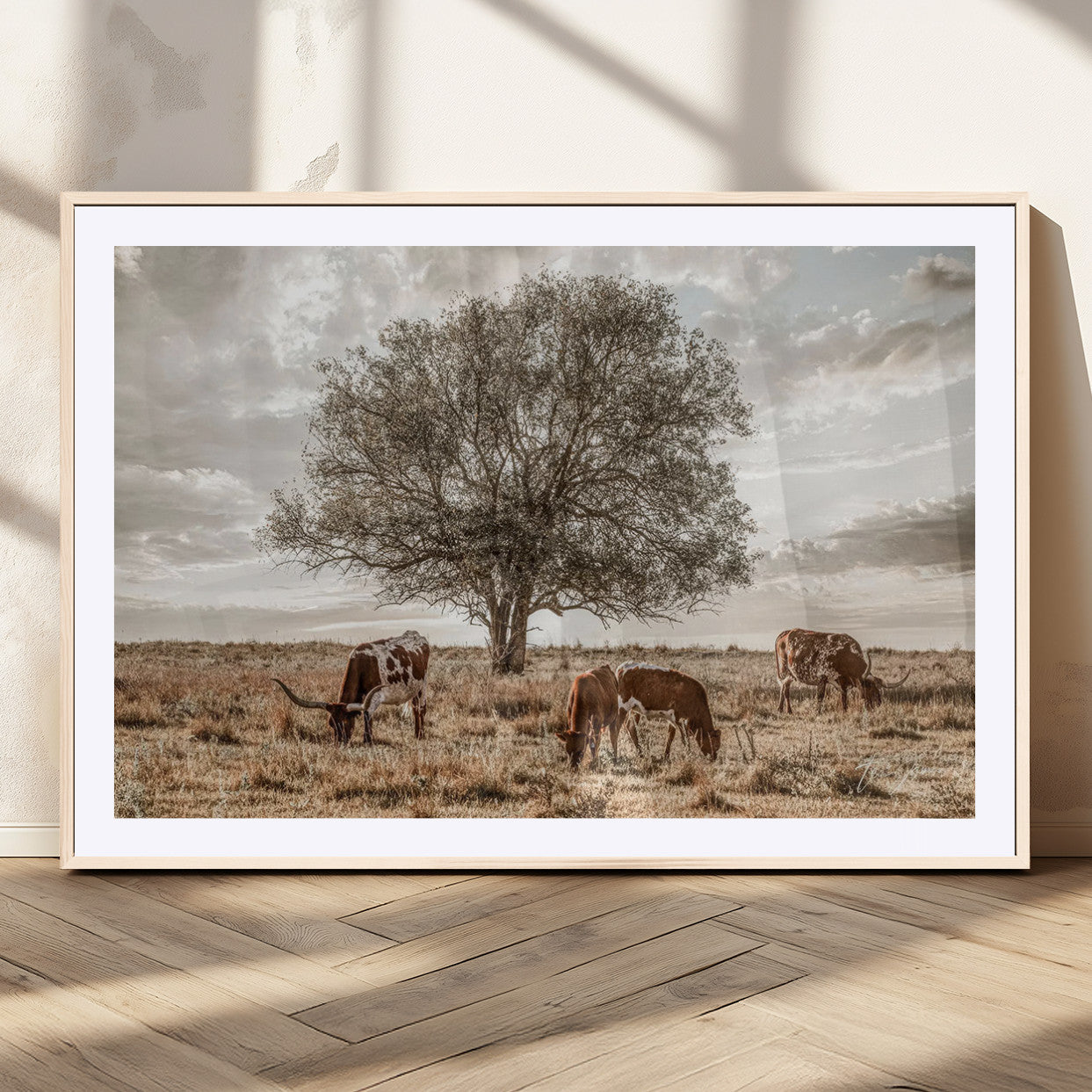 Texas Longhorn Cattle Wall Art Canvas Print – Rustic Western Ranch Scene with Steers at Sunset, Perfect for Farmhouse or Cowboy Decor