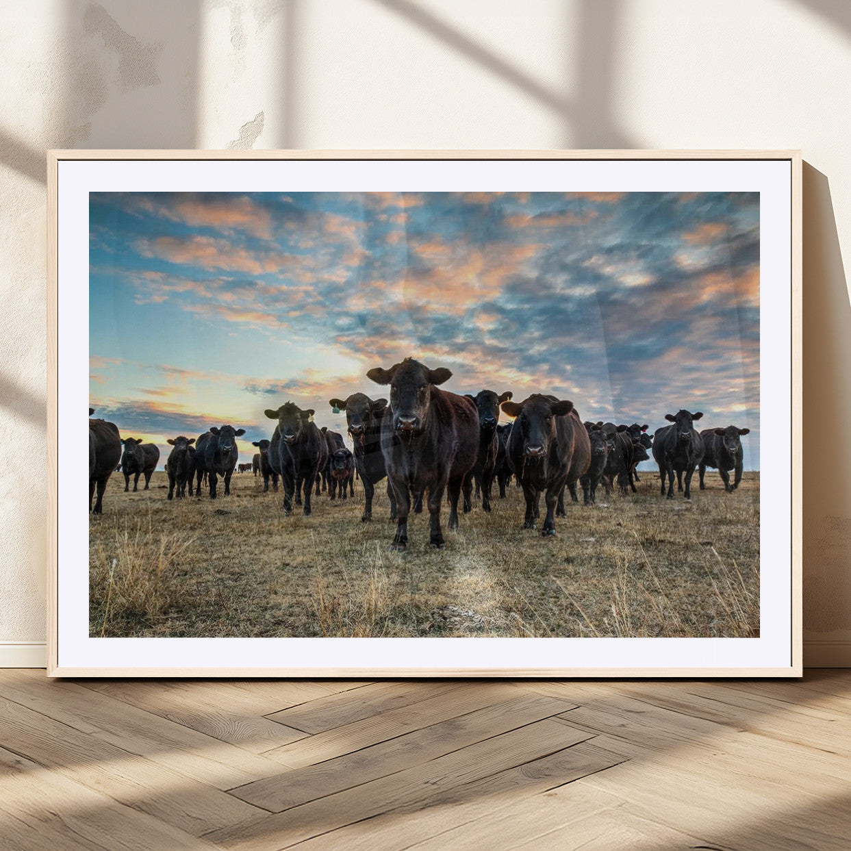 MGC-FP-36x24 - Texas Longhorn Cattle Wall Art Canvas Print – Rustic Western Ranch Scene with Steers at Sunset,