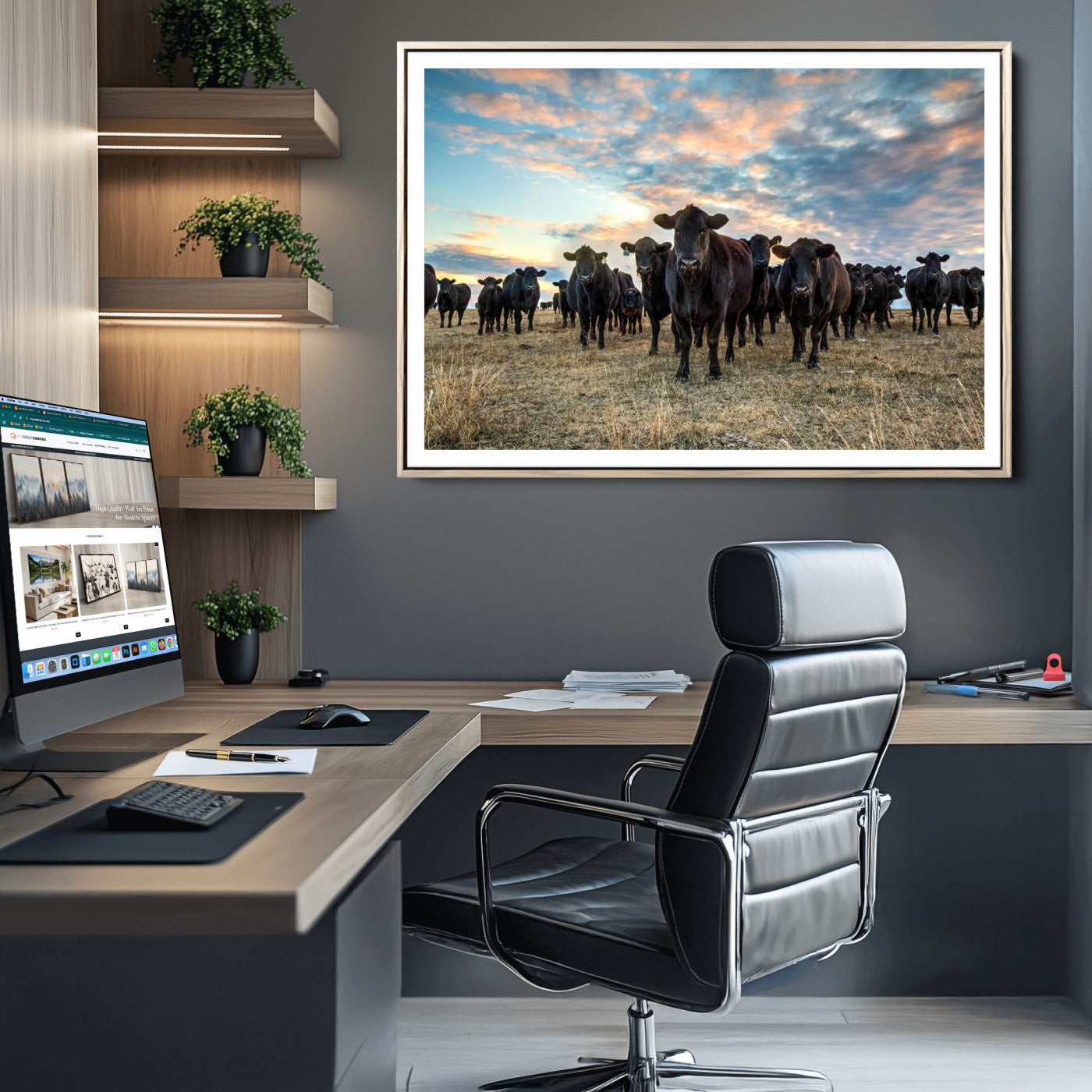 13867292-MGC-FP-36x24_Natural-Texas Longhorn Cattle Wall Art Canvas Print – Rustic Western Ranch Scene with Steers at Sunset, Perfect for Farmhouse or Cowboy Decor