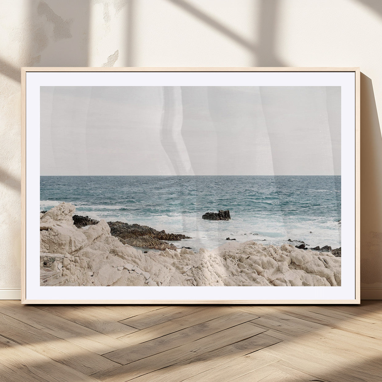MGC-FP-36x24 - Coastal Ocean View Wall Art Canvas Print – Serene Rocky Shoreline and Blue Sea Photography for