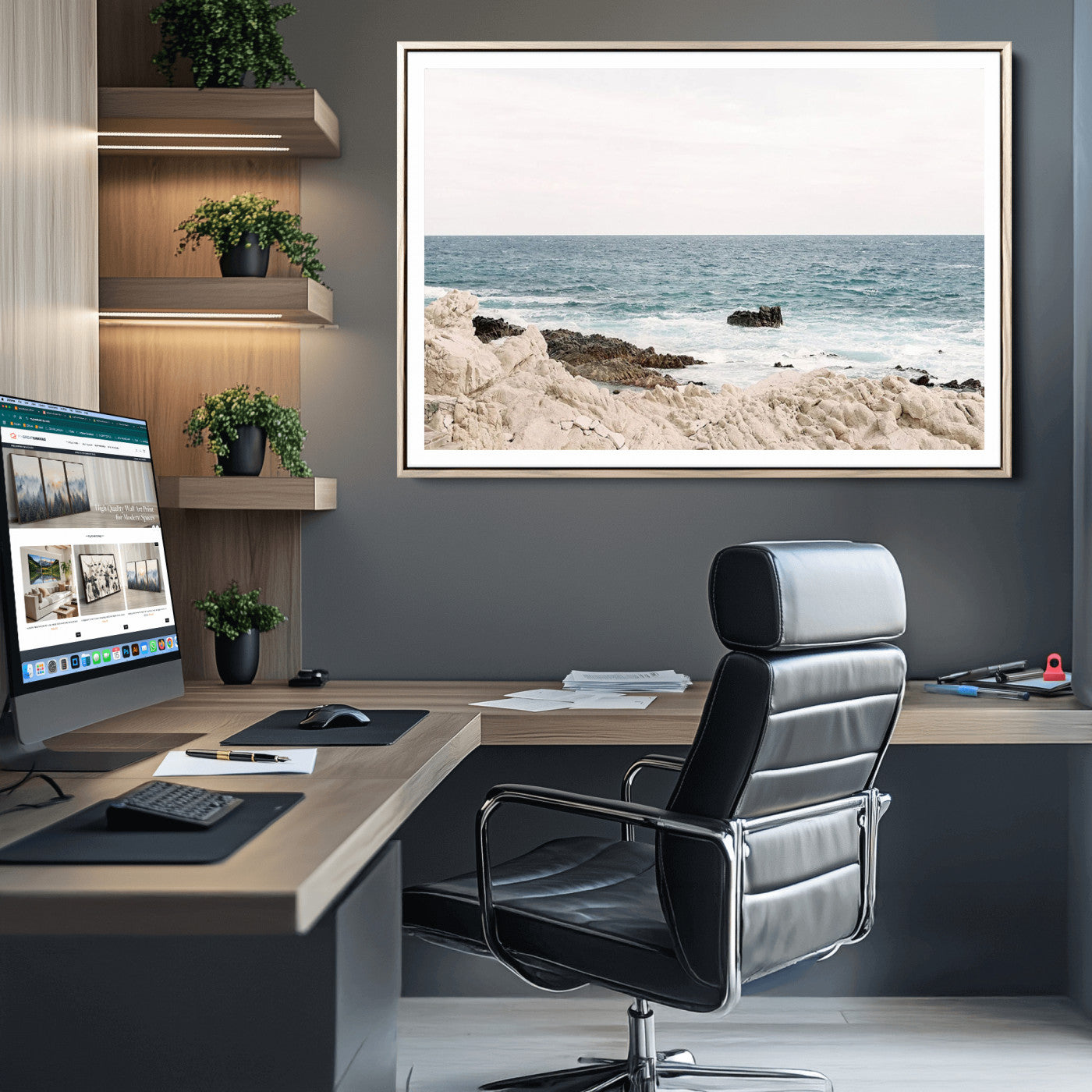 Coastal Ocean View Wall Art Canvas Print – Serene Rocky Shoreline and Blue Sea Photography for Coastal Chic or Minimalist Home Decor