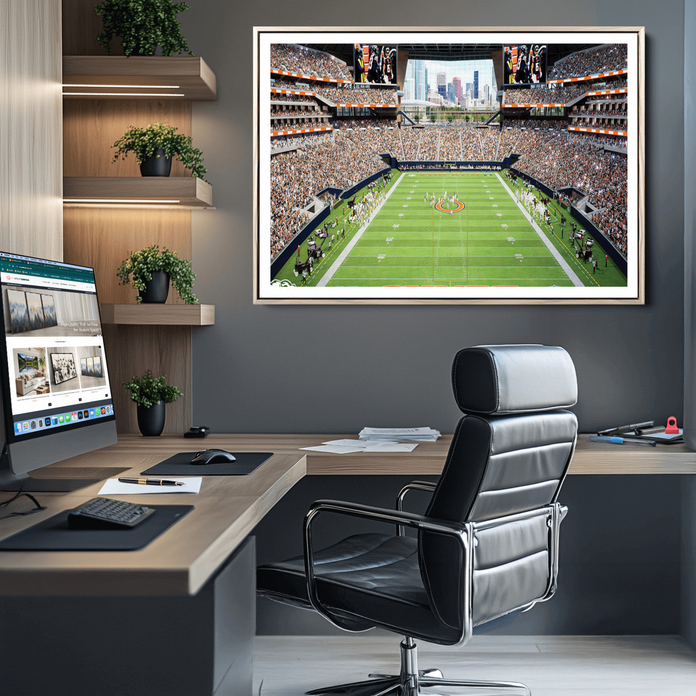 76935553-MGC-FP-36x24_Natural-Chicago Bears Soldiers Field Wall Art Canvas Print – Framed Football Stadium Artwork for Sports Fans, Soldier Field Skyline Canvas Decor for Game Room or Man Cave