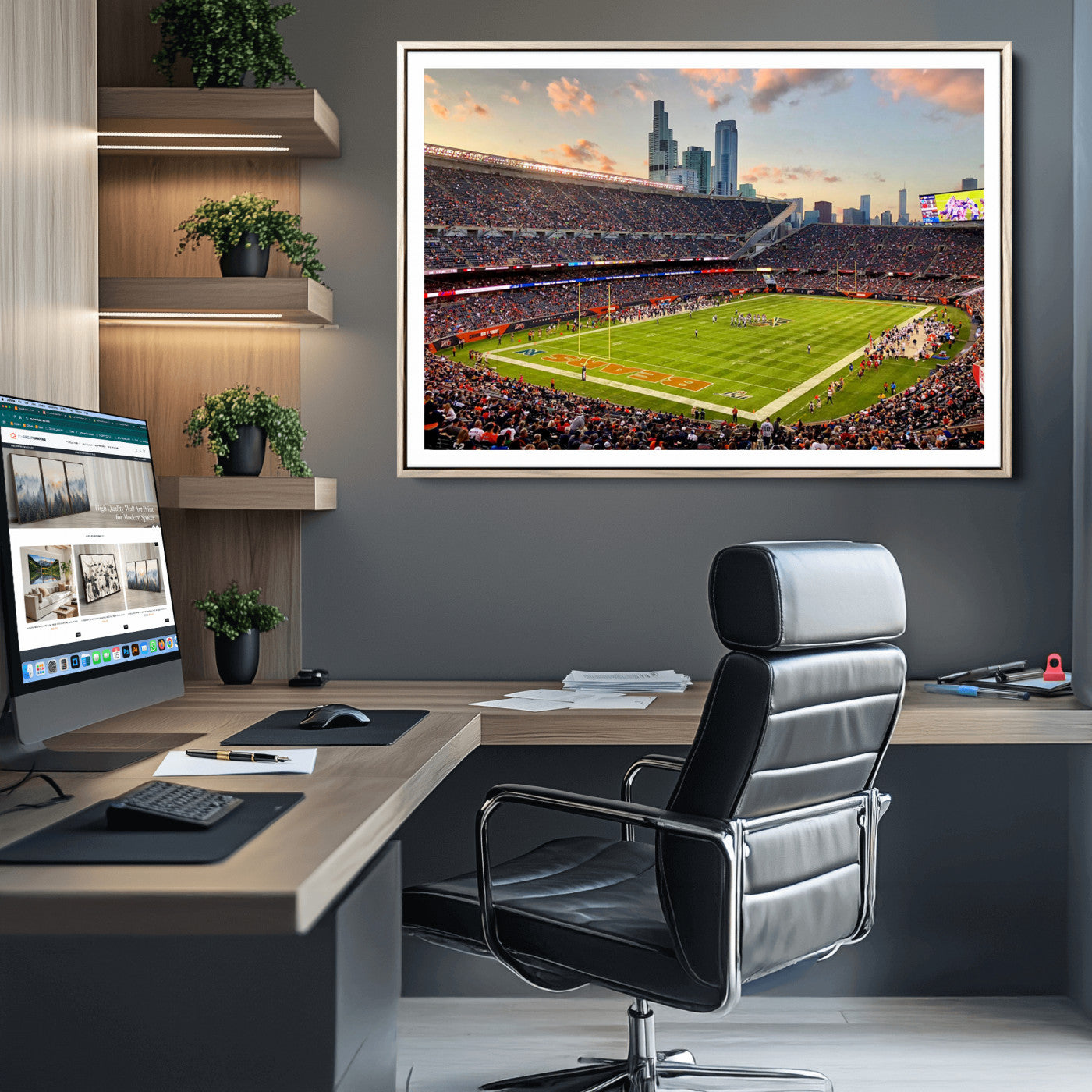55377093-MGC-FP-36x24_Natural-Chicago Bears Soldiers Field Wall Art Canvas Print – Framed Football Stadium Artwork for Sports Fans, Soldier Field Skyline Canvas Decor for Game Room or Man Cave