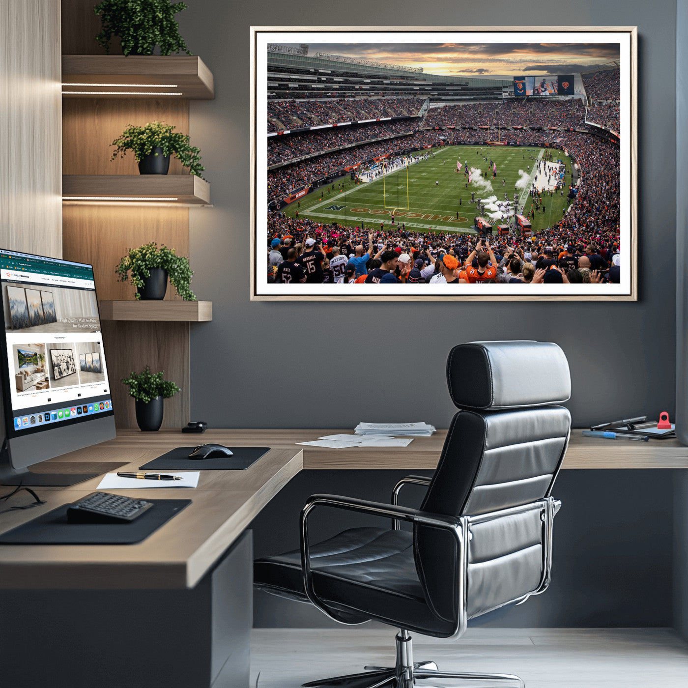 87578930-MGC-FP-36x24_Natural-Chicago Bears Soldiers Field Wall Art Canvas Print – Framed Football Stadium Artwork for Sports Fans, Soldier Field Skyline Canvas Decor for Game Room or Man Cave