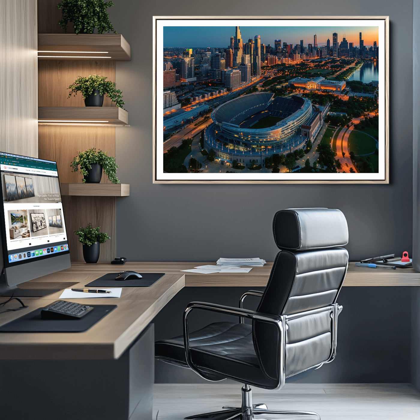 36690345-MGC-FP-36x24_Natural-Chicago Bears Soldiers Field Wall Art Canvas Print – Framed Football Stadium Artwork for Sports Fans, Soldier Field Skyline Canvas Decor for Game Room or Man Cave