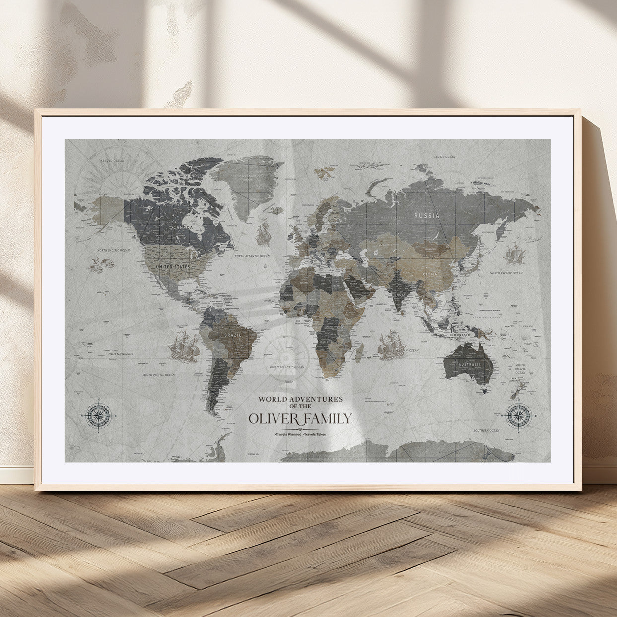 MGC-FP-36x24 - Custom Push Pin World Map Wall Canvas Print – Personalized Travel Tracker with Pins – Framed Large Multi-Size Canvas for Home Office Decor