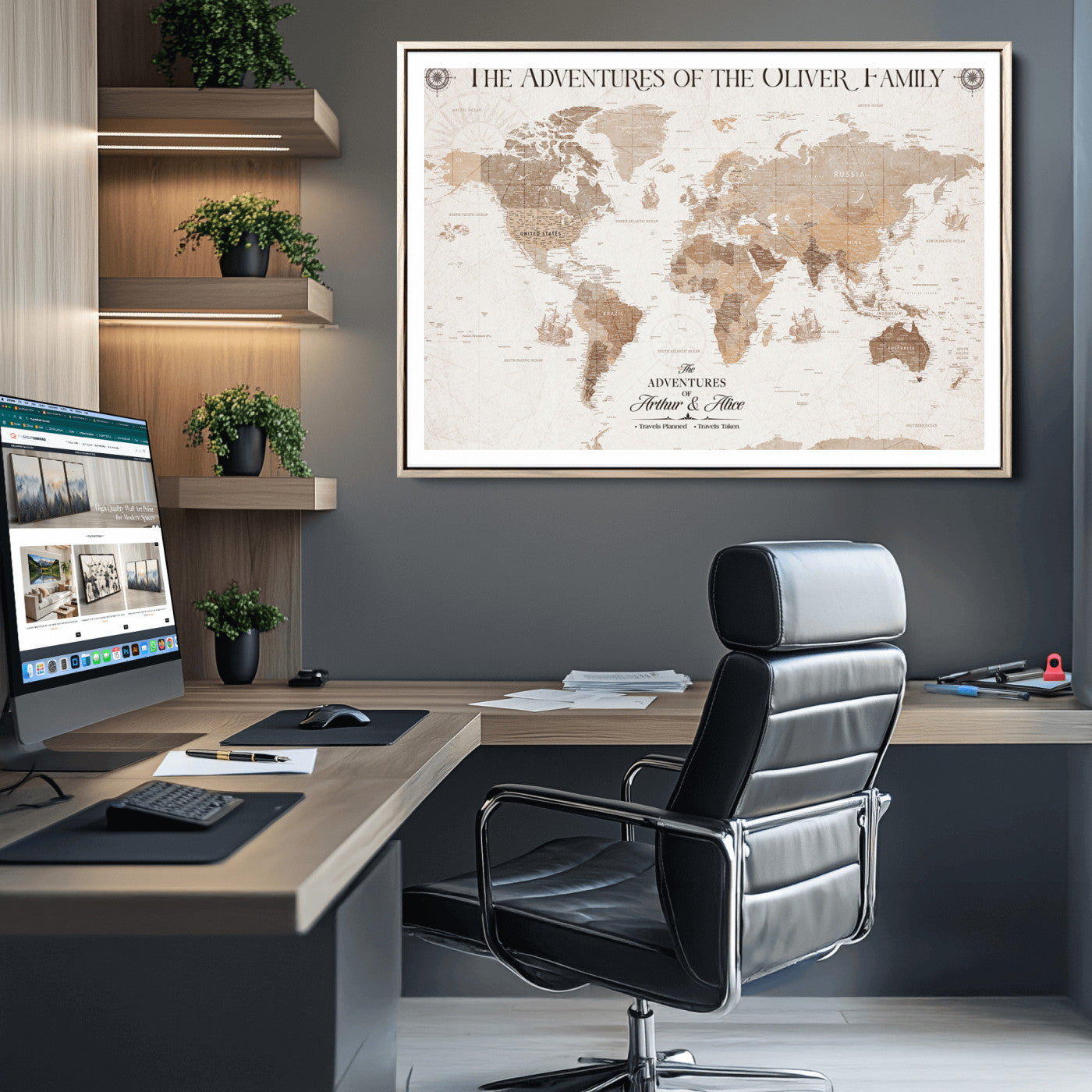 58395047-MGC-FP-36x24_Natural-Personalized Framed World Map Canvas Wall Art Print – Custom Push Pin Travel Tracker Lover - Custom World Map on Canvas