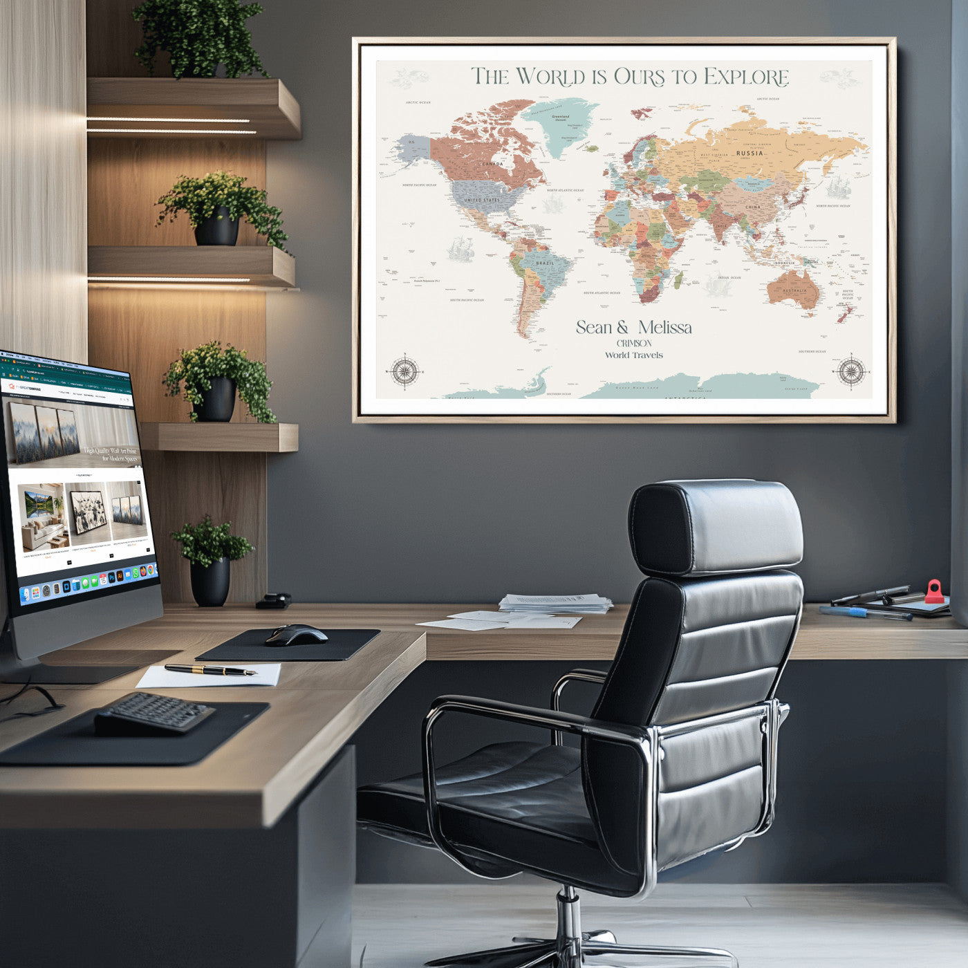 90968866-MGC-FP-40x30-Custom Push Pin World Map Wall Canvas Print – Personalized Travel Tracker with Pins – Framed Large Multi-Size Canvas for Home Office Decor