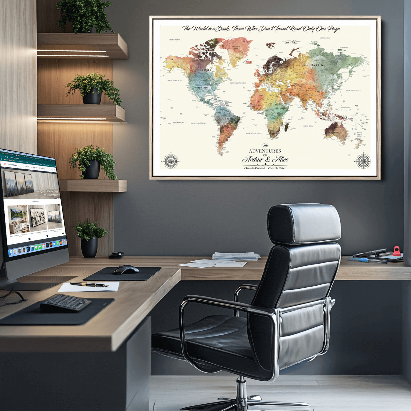 40183091-MGC-FP-36x24-Custom Framed World Map Canvas Print – Personalized Push Pin Travel Tracker Gift for Couples, Weddings, or Anniversary Celebrations