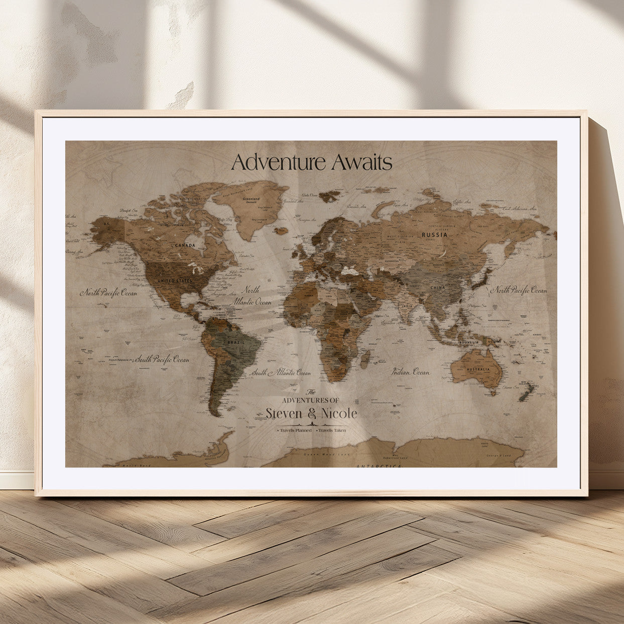 MGC-FP-36x24 - Custom Push Pin World Map Wall Canvas Print – Personalized Travel Tracker with Pins – Framed Custom Quotie Canvas for Home Office Decor