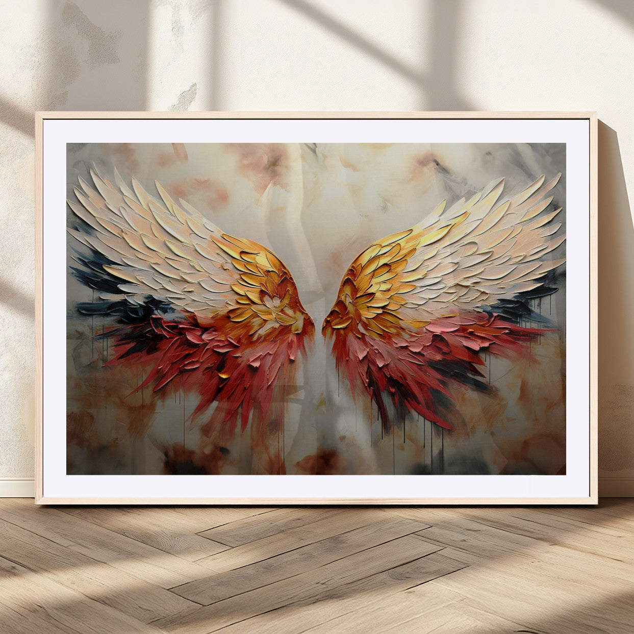 A stunning 3D-style painting of angel wings with vibrant gold, red, and black hues, creating a dramatic and striking visual effect.