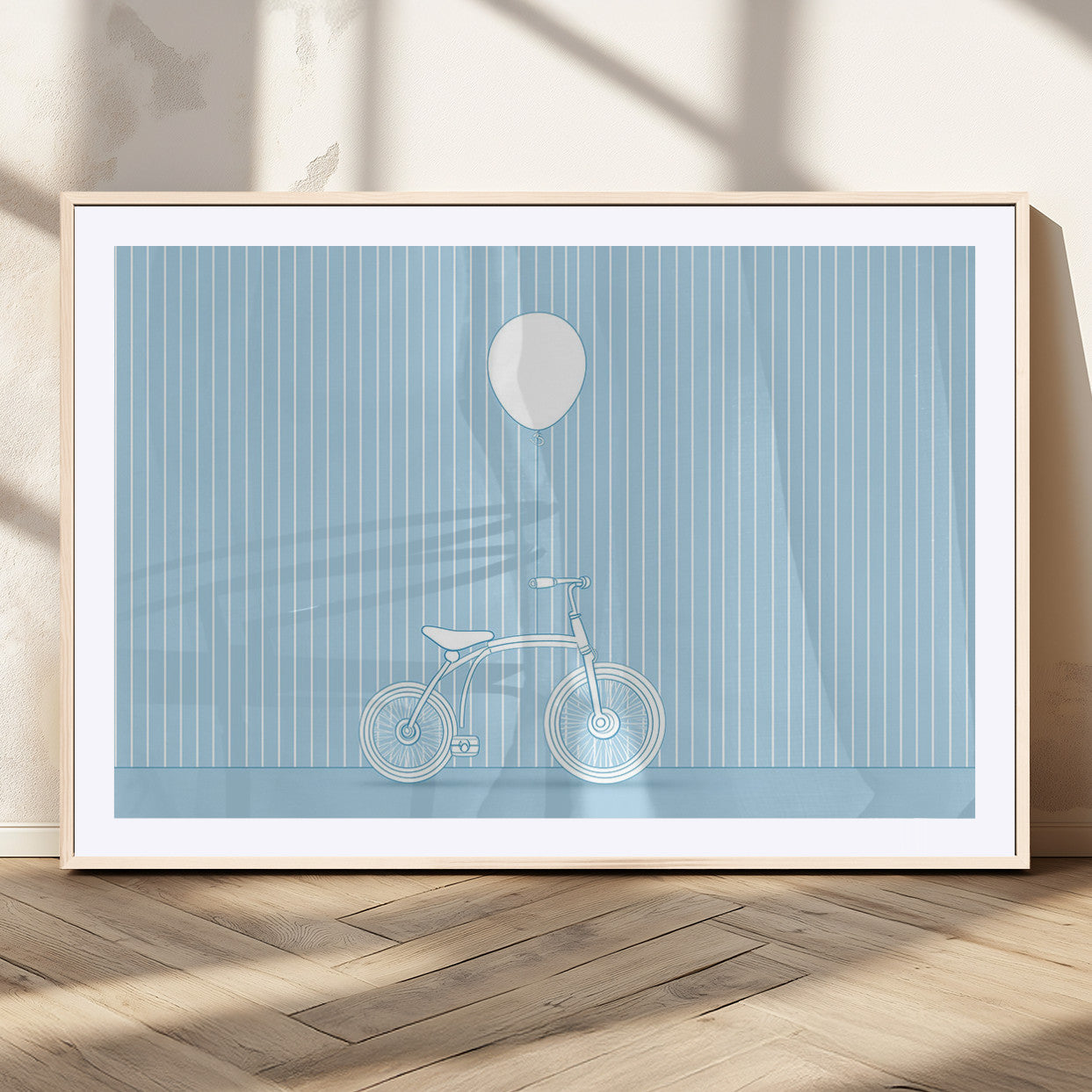 A minimalistic blue line drawing of a bicycle with a balloon floating above it, set against a soft striped background.