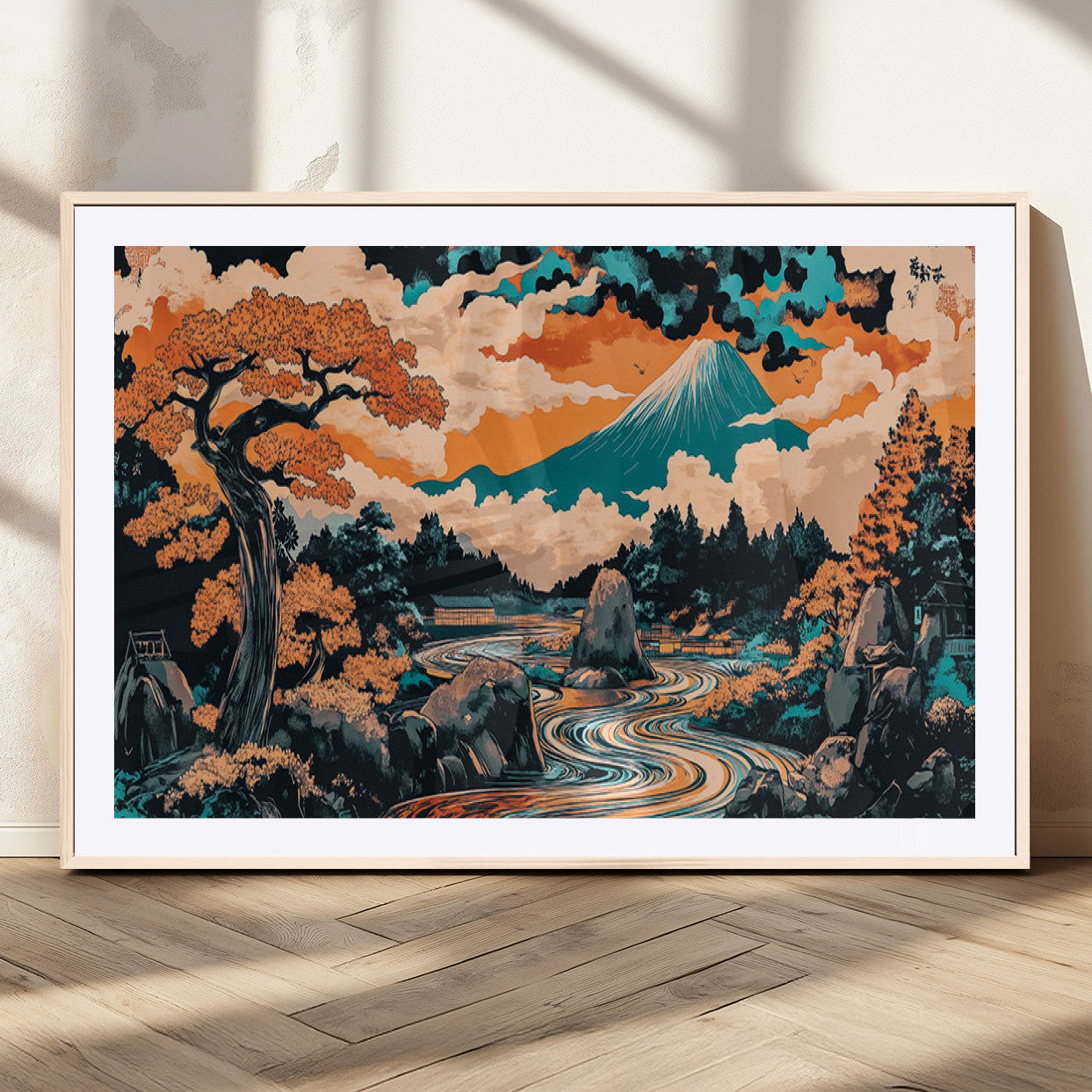 A vibrant Japanese-inspired landscape featuring Mount Fuji, a winding river, and autumn-colored trees under a dramatic sky, in bold and vivid hues.