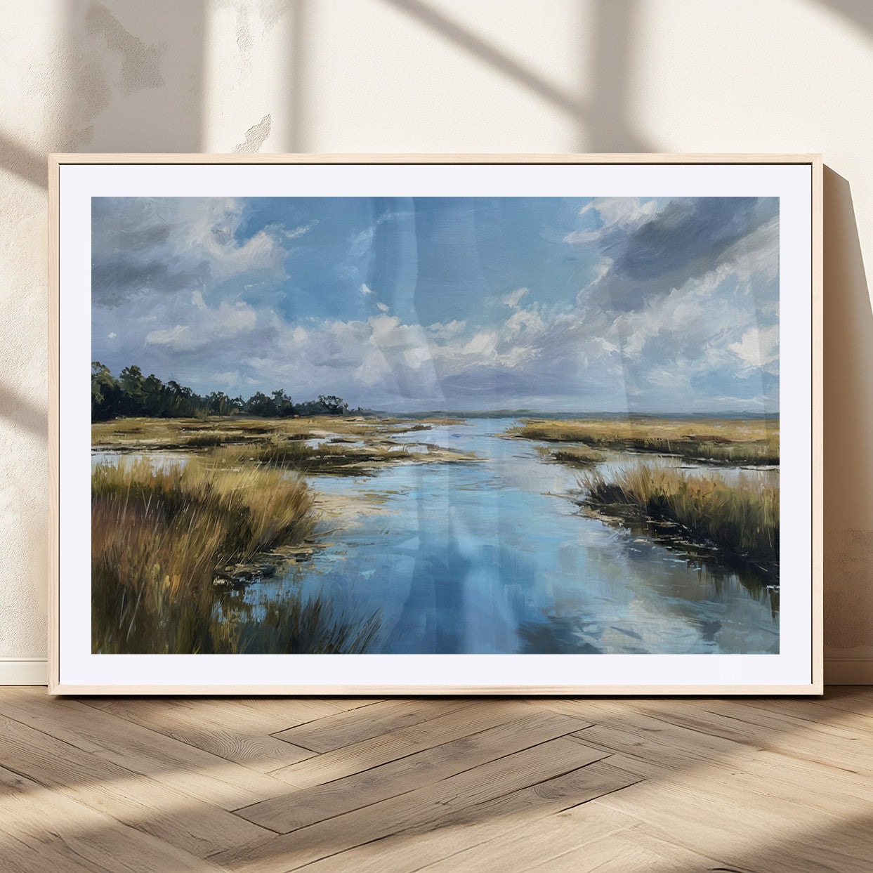 A beautiful, painterly landscape of a calm river winding through a marsh, with vibrant green grasses and a bright blue sky filled with fluffy clouds.