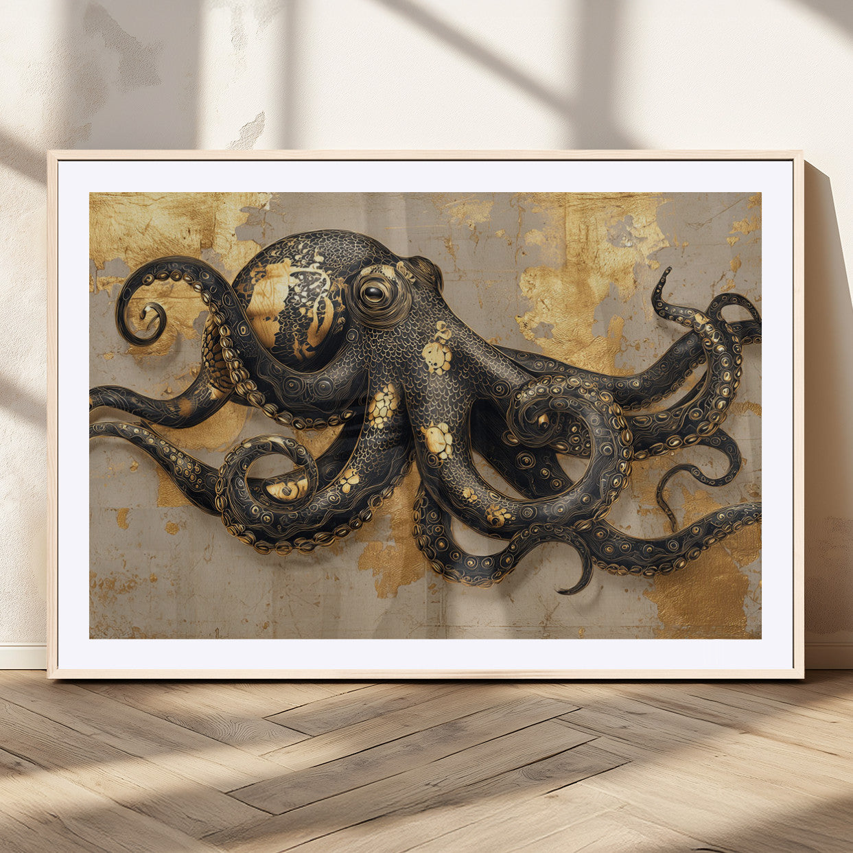 A stunning golden and black illustration of an octopus on a textured background with gold leaf accents, highlighting its intricate tentacles and unique design.