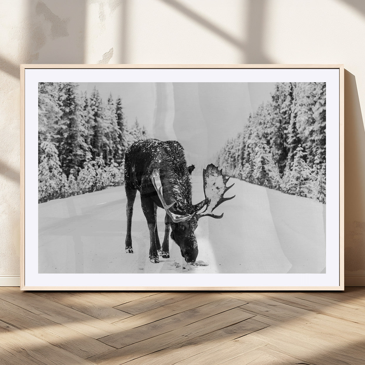 A majestic moose grazing in the snow-covered wilderness, surrounded by snow-covered trees, creating a peaceful winter scene.