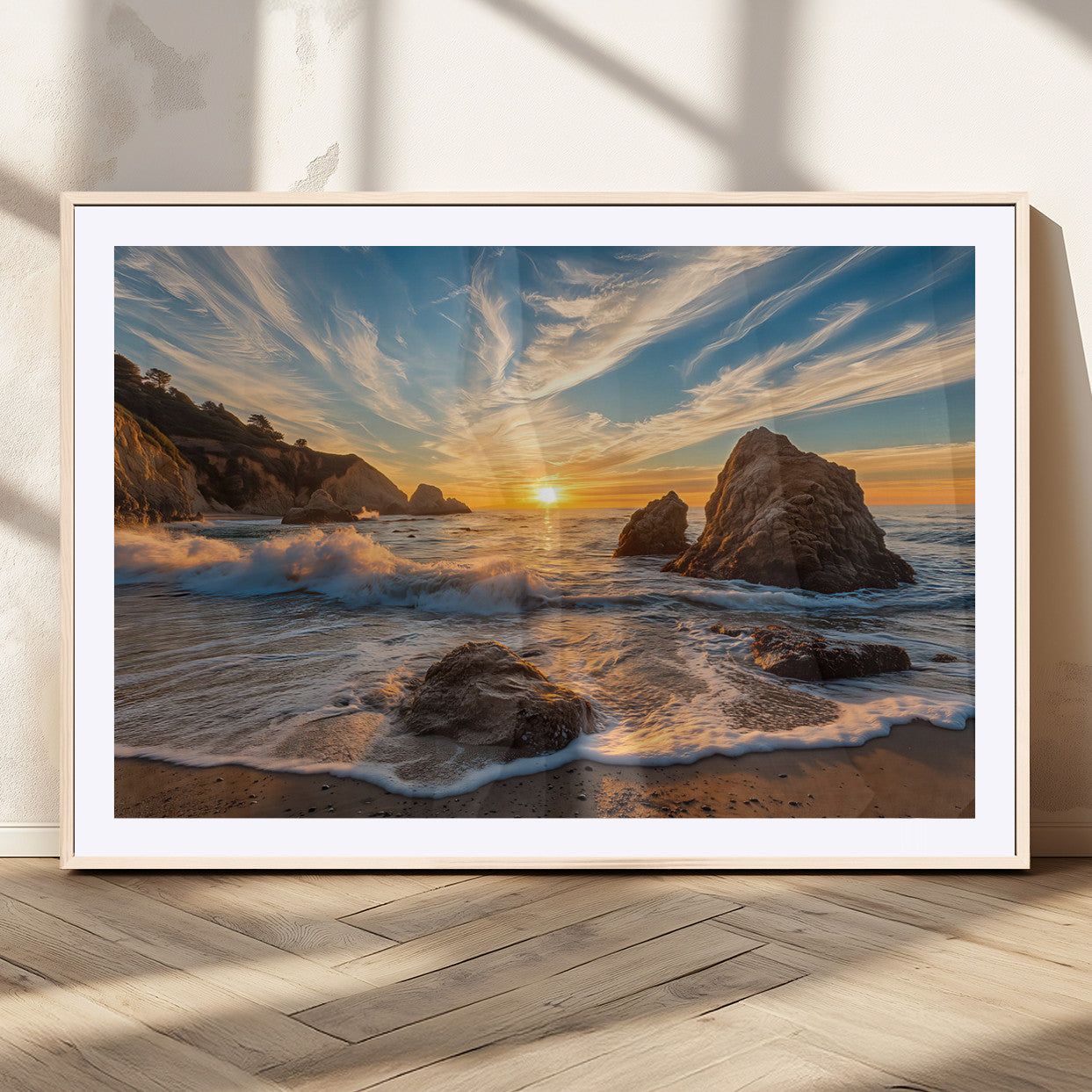 Rocky Ocean Sunset Wall Art Print, Seaside Canvas Wall Art, Dramatic Seascape Canvas Print for Coastal Modern Decor, Ocean Sunset Art Printing