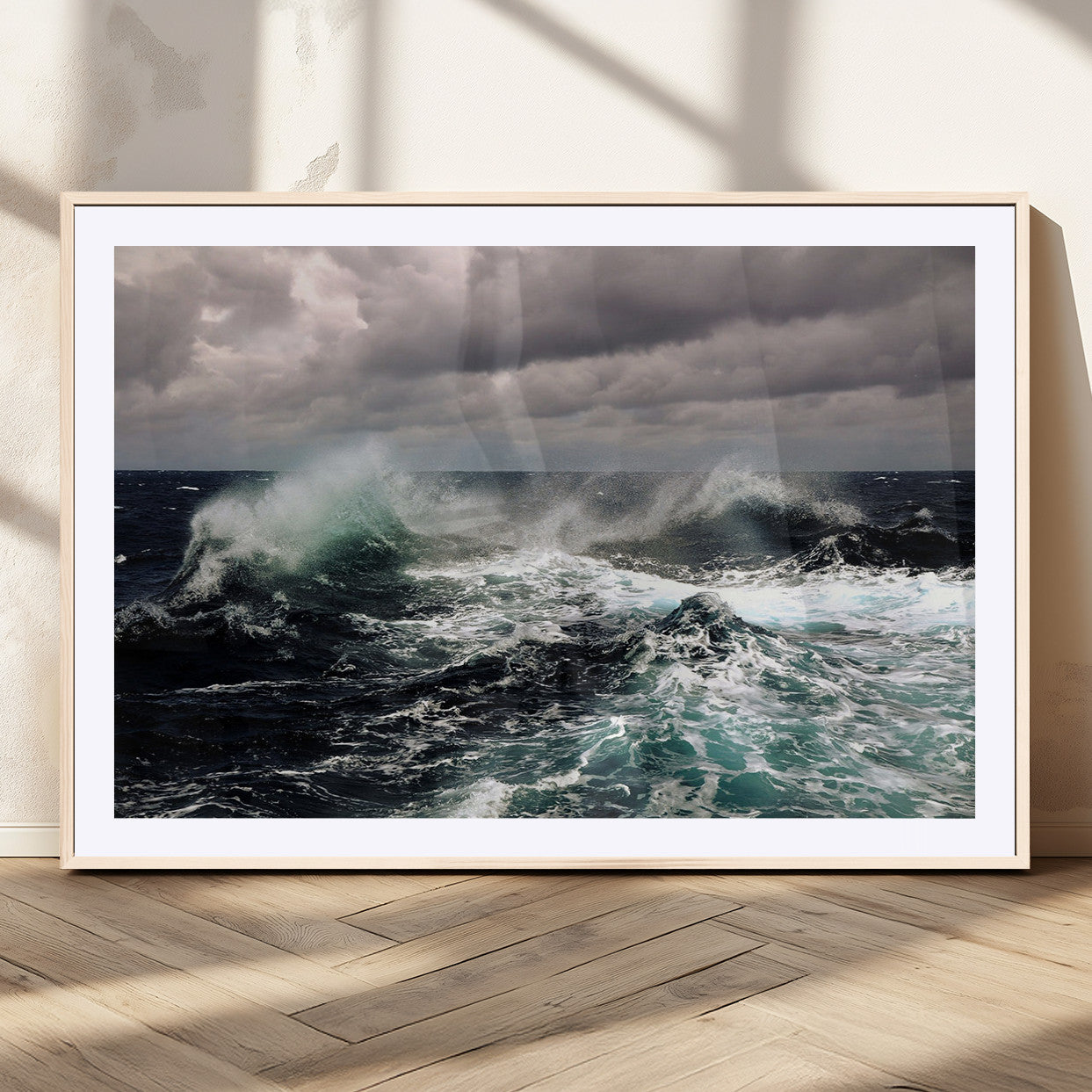 Powerful ocean waves crashing under stormy skies, creating a dynamic and intense seascape.
