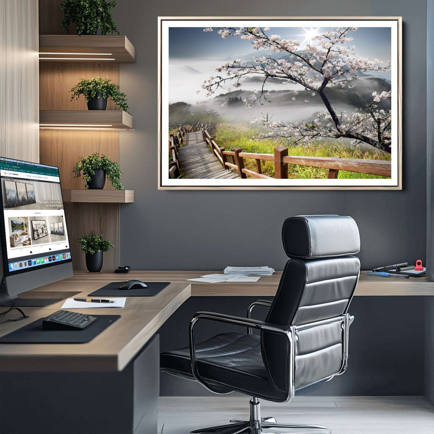 34632598CRY-MGC-FP-36x24_Natural-Sakura Cherry Blossom Pathway Canvas Wall Art – Tranquil Walk Through Blossoming Nature – Ready to Hang