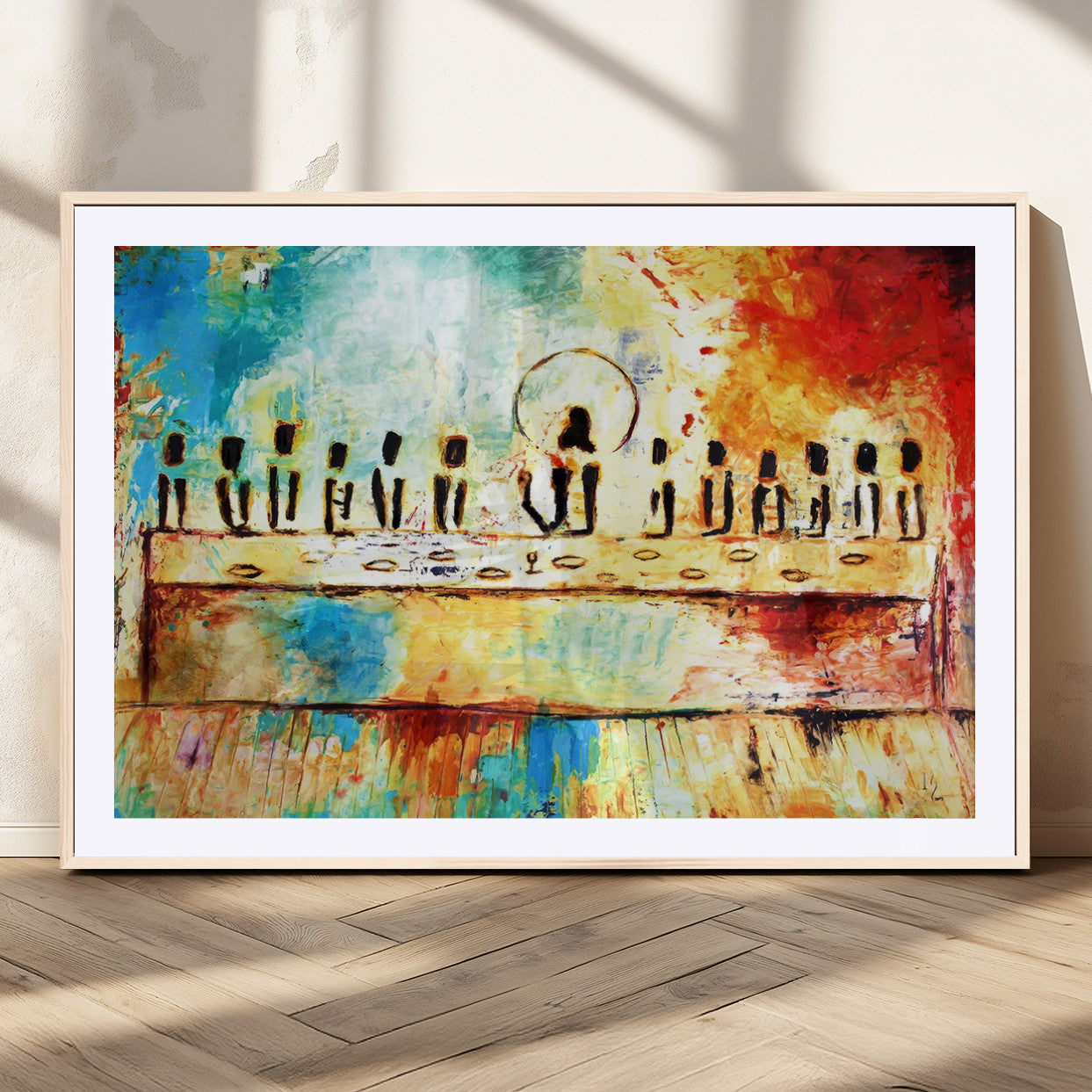 68892000-MGV-CV-36X24-Abstract Last Supper Art Print, Vibrant Contemporary Jesus & Disciples Painting, Modern Expressionist Wall Decor for Home or Office Display