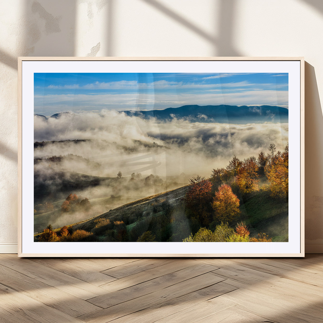 21551192-MGV-CV-36X24-Misty Autumn Hills Canvas Wall Art, Foggy Forest Landscape, Fall Foliage Beauty, Serene Mountain View, Cozy Home Decor, Office Tranquility, Nature Calm Print